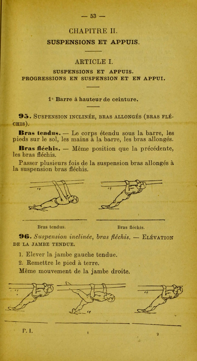CHAPITRE II. SUSPENSIONS ET APPUIS. ARTICLE I. SUSPENSIONS ET APPUIS. PROGRESSIONS EN SUSPENSION ET EN APPUI. 05. Suspension inclinée, bras allongés (bras flé- chis). Bras tendus. — Le corps étendu sous la barre, les pieds sur le sol, les mains à la barre, les bras allongés. Bras fléchis. — Même position que la précédente, les bras fléchis. Passer plusieurs fois de la suspension bras allongés à la suspension bras fléchis. OC. Suspension inclinée, bras fléchis. — Elévation DE LA JAMBE TENDUE. 1. Elever la jambe gauche tendue. 2. Remettre le pied à terre. Même mouvement de la jambe droite. 1° Barre à hauteur de ceinture. Bras tendus. Bras fléchis. i •i