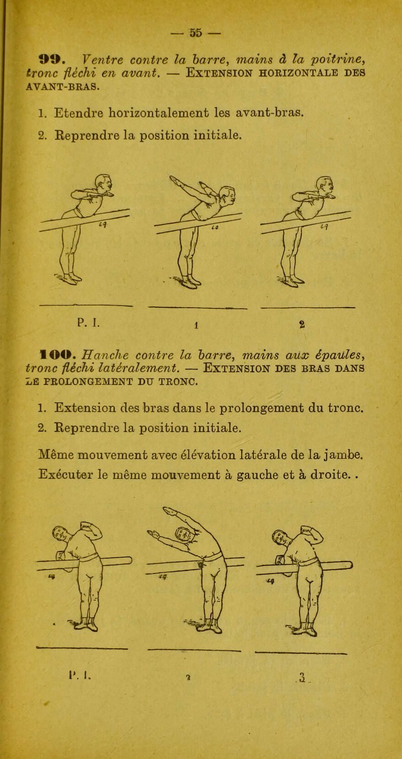 00. Ventre contre la barre, mains à la poitrine, tronc fléchi en avant. — Extension horizontale des AVANT-BRAS. 1. Etendre horizontalement les avant-bras. 2. Reprendre la position initiale. lOO. Hanche contre la barre, mains aux épaules, tronc fléchi latéralement. — Extension des bras dans LE PROLONGEMENT DU TRONC. 1. Extension des bras dans le prolongement du tronc. 2. Reprendre la position initiale. Même mouvement avec élévation latérale de la jambe. Exécuter le même mouvement à gauche et à droite. .