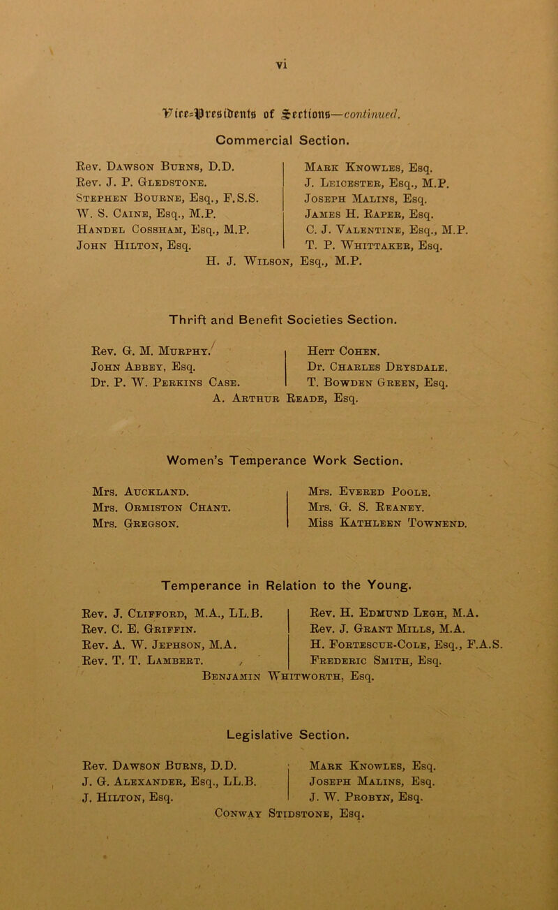 >7tres|3regjlreiits of Sections—continued. Commercial Section. Eev. Dawson Bubns, D.D. Eev. J. P. Gtledstone. Stephen Bourne, Esq., F.S.S. W. S. Caine, Esq., M.P. Handel Cossham, Esq., M.P. John Hilton, Esq. Mark Knowles, Esq. J. Leicester, Esq., M.P. Joseph Malins, Esq. James H. Eaper, Esq. C. J. Valentine, Esq., M.P. T. P. Whittaker, Esq. H. J. Wilson, Esq., M.P. Thrift and Benefit Societies Section. Eev. G. M. Murphy.'^ John Abbey, Esq. Dr. P. W. Perkins Case. A. Arthur Herr Cohen. Dr. Charles Drysdale. T. Bowden Green, Esq. Eeade, Esq. \ Women’s Temperance Work Section. Mrs. Auckland. Mrs. Ormiston Chant. Mrs. Gregson. Mrs. Evered Poole. Mrs. G. S. Eeaney. Miss Kathleen Townend. Temperance in Relation to the Young. Eev. J. Clifford, M.A., LL.B. Eev. C. E. Griffin. Eev. A. W. Jephson, M.A. Eev. T. T. Lambert. , Eev. H. Edmund Legh, Eev. J. Grant Mills, M. H. Fortescue-Cole, Esq., F.A.S. Frederic Smith, Esq. Benjamin Whitworth, Esq. Legislative Section. Eev. Dawson Burns, D.D. J. G. Alexander, Esq., LL.B. J. Hilton, Esq. Mark Knowles, Esq. Joseph Malins, Esq. J. W. Probyn, Esq. Conway Stidstone, Esq.