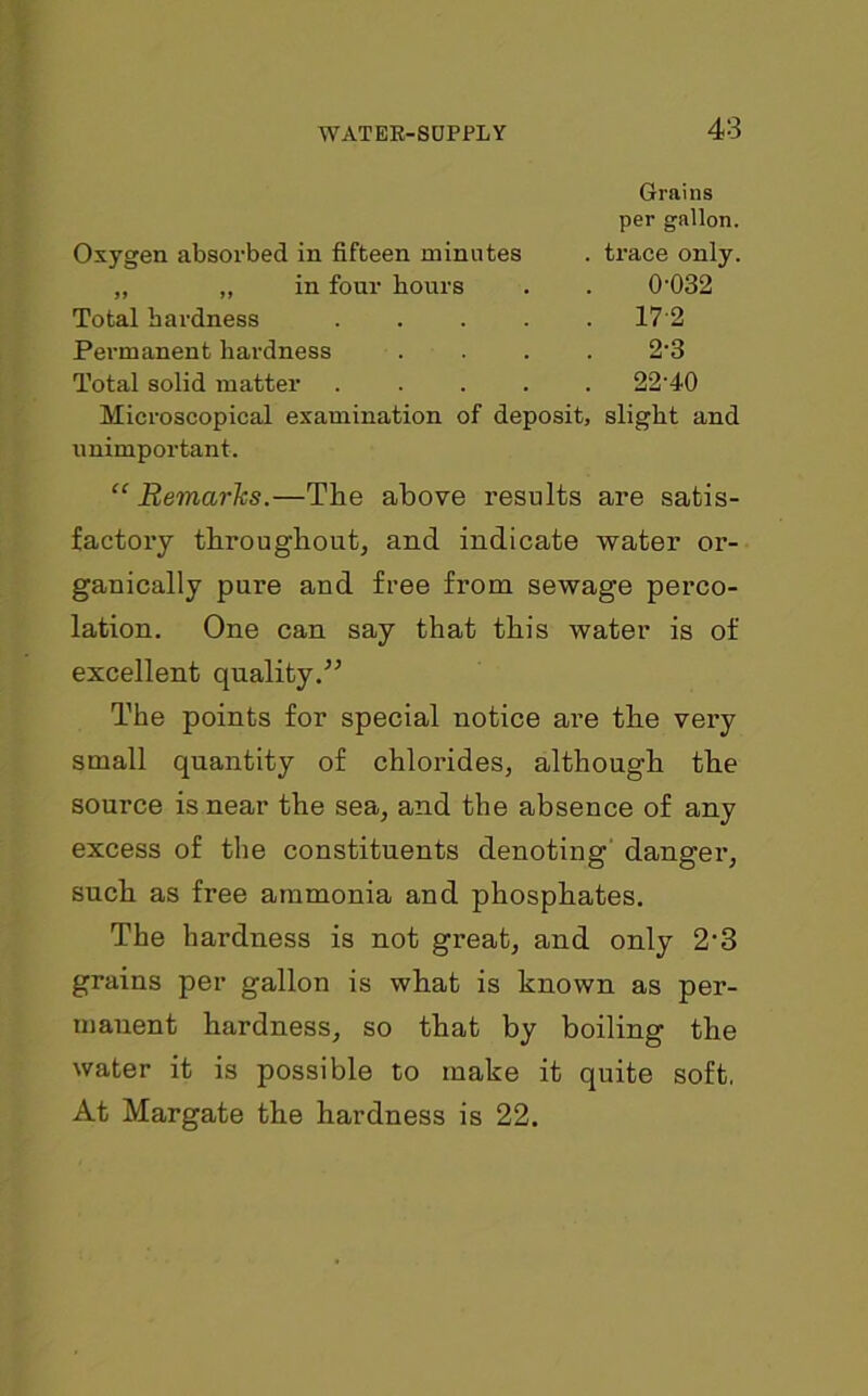 Grains per gallon. Oxygen absorbed in fifteen minutes . trace only. ,, ,, in four hours 0-032 Total hardness .... . 172 Permanent hardness 2-3 Total solid matter .... . 22-40 Microscopical examination of deposit, slight and unimportant. “ Remarks.—The above results are satis- factory throughout, and indicate water or- ganically pure and free from sewage perco- lation. One can say that this water is of excellent quality.” The points for special notice are the very small quantity of chlorides, although the source is near the sea, and the absence of any excess of the constituents denoting danger, such as free ammonia and phosphates. The hardness is not great, and only 2’3 grains per gallon is what is known as per- manent hardness, so that by boiling the water it is possible to make it quite soft, At Margate the hardness is 22.