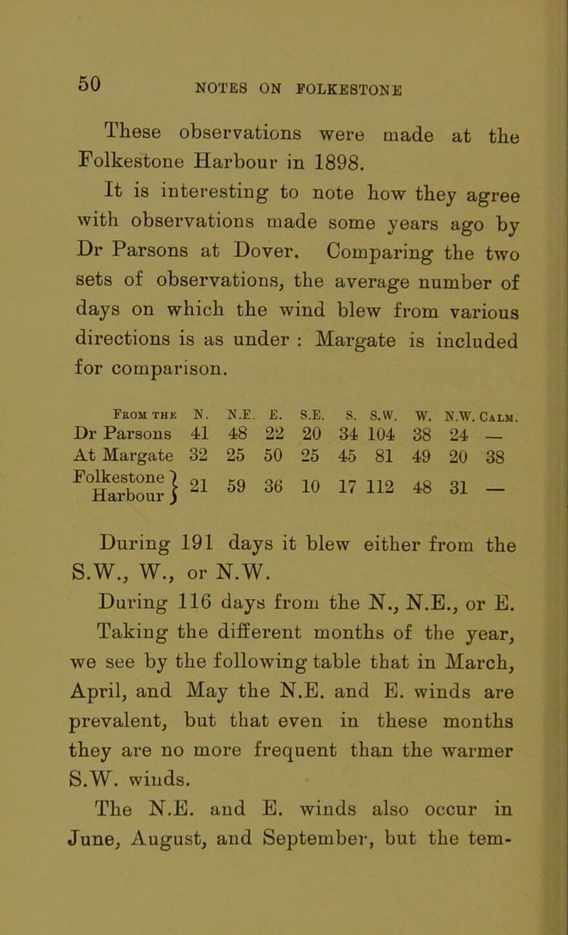 These observations were made at the Folkestone Harbour in 1898. It is interesting to note how they agree with observations made some years ago by Dr Parsons at Dover. Comparing the two sets of observations, the average number of days on which the wind blew from various directions is as under : Margate is included for comparison. From thk N. N.E. E. S.E. S. S.W. W. N.W. Calm. Dr Parsons 41 48 22 20 34 104 38 24 — At Margate 32 25 50 25 45 81 49 20 38 F°Harbour} 21 59 36 10 17 112 48 31 ~ During 191 days it blew either from the S.W., W., or N.W. During 116 days from the N., N.E., or E. Taking the different months of the year, we see by the following table that in March, April, and May the N.E. and E. winds are prevalent, but that even in these months they are no more frequent than the warmer S.W. winds. The N.E. and E. winds also occur in June, August, and September, but the tern-