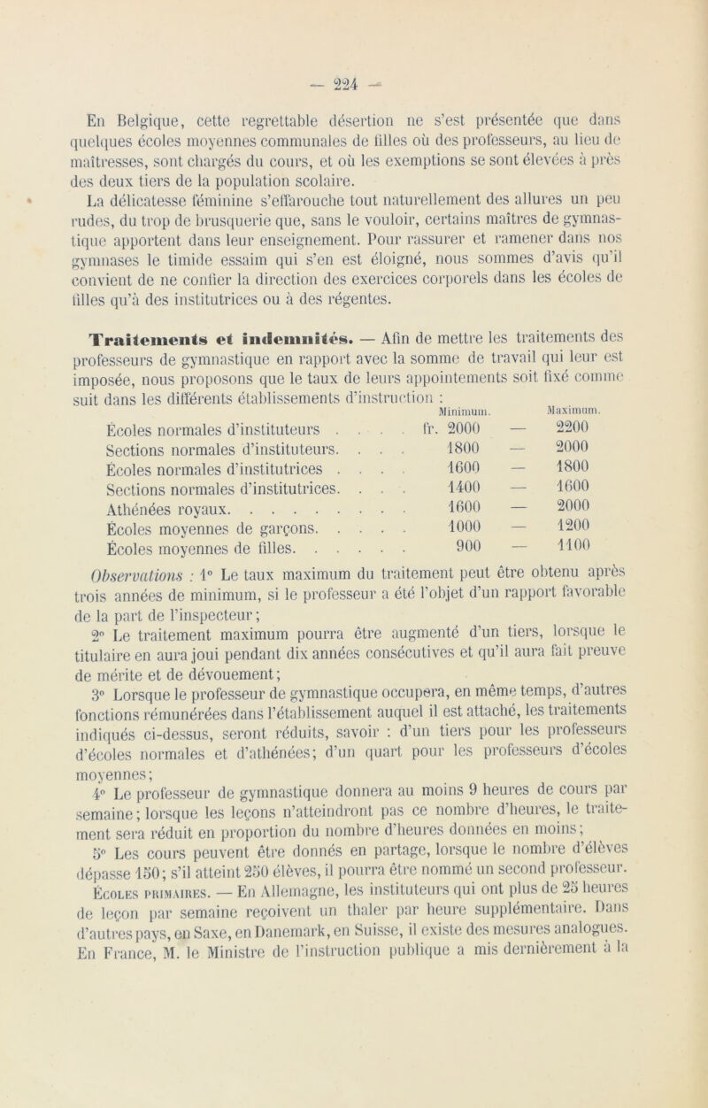 En Belgique, cette regrettable désertion ne s’est présentée que dans quelques écoles moyennes communales de lilles où des professeurs, au lieu de maîtresses, sont chargés du cours, et où les exemptions se sont élevées à près des deux tiers de la population scolaire. La délicatesse féminine s’effarouche tout naturellement des allures un peu rudes, du trop de brusquerie que, sans le vouloir, certains maîtres de gymnas- tique apportent dans leur enseignement. Pour rassurer et ramener dans nos gymnases le timide essaim qui s’en est éloigné, nous sommes d’avis qu’il convient de ne confier la direction des exercices corporels dans les écoles de lilles qu’à des institutrices ou à des régentes. Traitements et indemnités. — Afin de mettre les traitements des professeurs de gymnastique en rapport avec la somme de travail qui leur est imposée, nous proposons que le taux de leurs appointements soit fixé comme suit dans les différents établissements Écoles normales d’instituteurs . Sections normales d’instituteurs. Écoles normales d’institutrices . Sections normales d’institutrices. Athénées royaux Écoles moyennes de garçons. . Écoles moyennes de filles. . . Instruction : Minimum. Maximum fr. 2000 — 2200 1800 — 2000 1000 - 1800 1400 — 1600 1600 — 2000 1000 — 1200 900 — 1100 Observations : 1° Le taux maximum du traitement peut être obtenu après trois années de minimum, si le professeur a été l’objet d’un rapport favorable de la part de l’inspecteur ; 2° Le traitement maximum pourra être augmenté d’un tiers, lorsque le titulaire en aura joui pendant dix années consécutives et qu’il aura fait preuve de mérite et de dévouement ; 3° Lorsque le professeur de gymnastique occupera, en même temps, d’autres fonctions rémunérées dans l’établissement auquel il est attaché, les traitements indiqués ci-dessus, seront réduits, savoir : d’un tiers pour les professeurs d’écoles normales et d’athénées; d’un quart pour les professeurs d écoles moyennes; 4° Le professeur de gymnastique donnera au moins 9 heures de cours par semaine ; lorsque les leçons n’atteindront pas ce nombre d’heures, le traite- ment sera réduit en proportion du nombre d’heures données en moins; 3° Les cours peuvent être donnés en partage, lorsque le nombre d’élèves dépasse 150; s’il atteint 250 élèves, il pourra être nommé un second professeur. Écoles primaires. — En Allemagne, les instituteurs qui ont plus de 25 heures de leçon par semaine reçoivent un thaler par heure supplémentaire. Dans d’autres pays, en Saxe, en Danemark, en Suisse, il existe des mesures analogues. En France, M. le Ministre de l’instruction publique a mis dernièrement à la