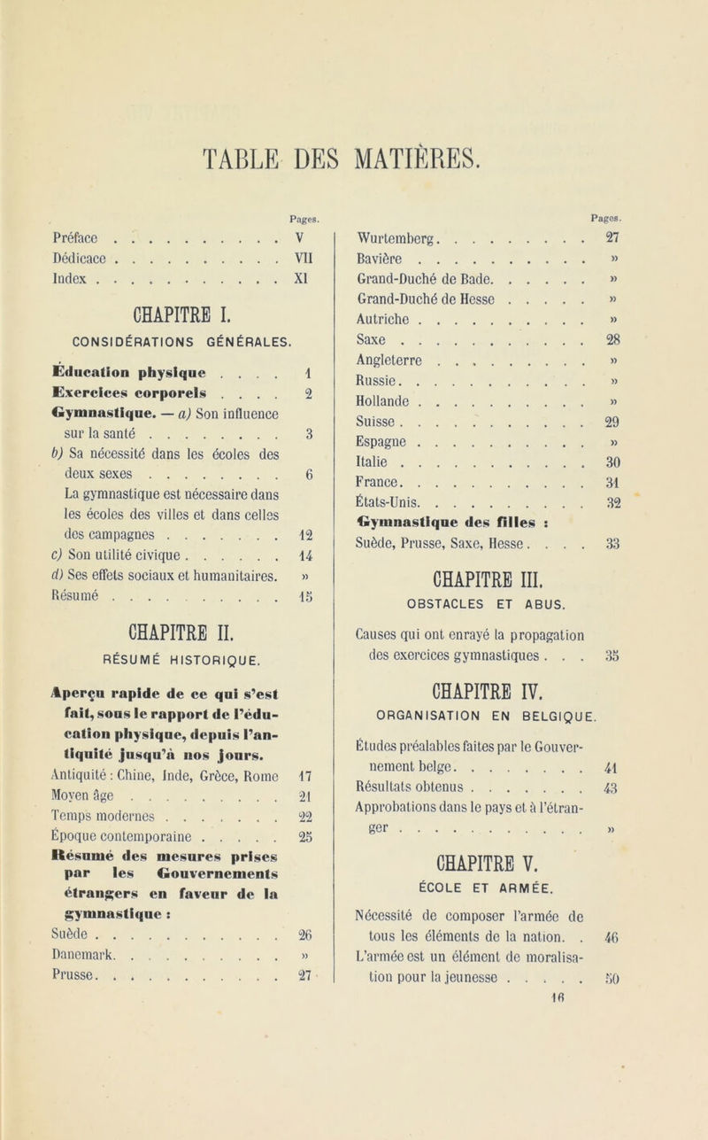 TABLE DES MATIÈRES. Pages. Préface . V Dédicace VII Index XI CHAPITRE I. CONSIDÉRATIONS GÉNÉRALES. Education physique .... 1 Exercices corporels .... 2 Gymnastique. — a) Son influence sur la santé 3 b) Sa nécessité dans les écoles des deux sexes 6 La gymnastique est nécessaire dans les écoles des villes et dans celles des campagnes 12 c) Son utilité civique 14 d) Ses effets sociaux et humanitaires. » Résumé 15 CHAPITRE II. RÉSUMÉ HISTORIQUE. Aperçu rapide de ce qui s’est fait, sous le rapport de l’édu- cation physique, depuis l’an- tiquité jusqu’à nos jours. Antiquité : Chine, Inde, Grèce, Rome 17 Moyen âge 21 Temps modernes 22 Époque contemporaine 25 Résumé des mesures prises par les Gouvernements étrangers en faveur de la gymnastique : Suède 26 Danemark » Prusse 27 Pages. Wurtemberg 27 Bavière » Grand-Duché de Bade » Grand-Duché de Hesse « Autriche » Saxe 28 Angleterre » Russie » Hollande » Suisse 29 Espagne » Italie 30 France 31 États-Unis 32 Gymnastique des filles : Suède, Prusse, Saxe, Hesse .... 33 CHAPITRE III, OBSTACLES ET ABUS. Causes qui ont enrayé la propagation des exercices gymnastiques ... 35 CHAPITRE IV. ORGANISATION EN BELGIQUE. Études préalables faites par le Gouver- nement belge 41 Résultats obtenus 43 Approbations dans le pays et à l’étran- ger » CHAPITRE V. ÉCOLE ET ARMÉE. Nécessité de composer l’armée de tous les éléments de la nation. . 46 L’armée est un élément de moralisa- tion pour la jeunesse 50 16