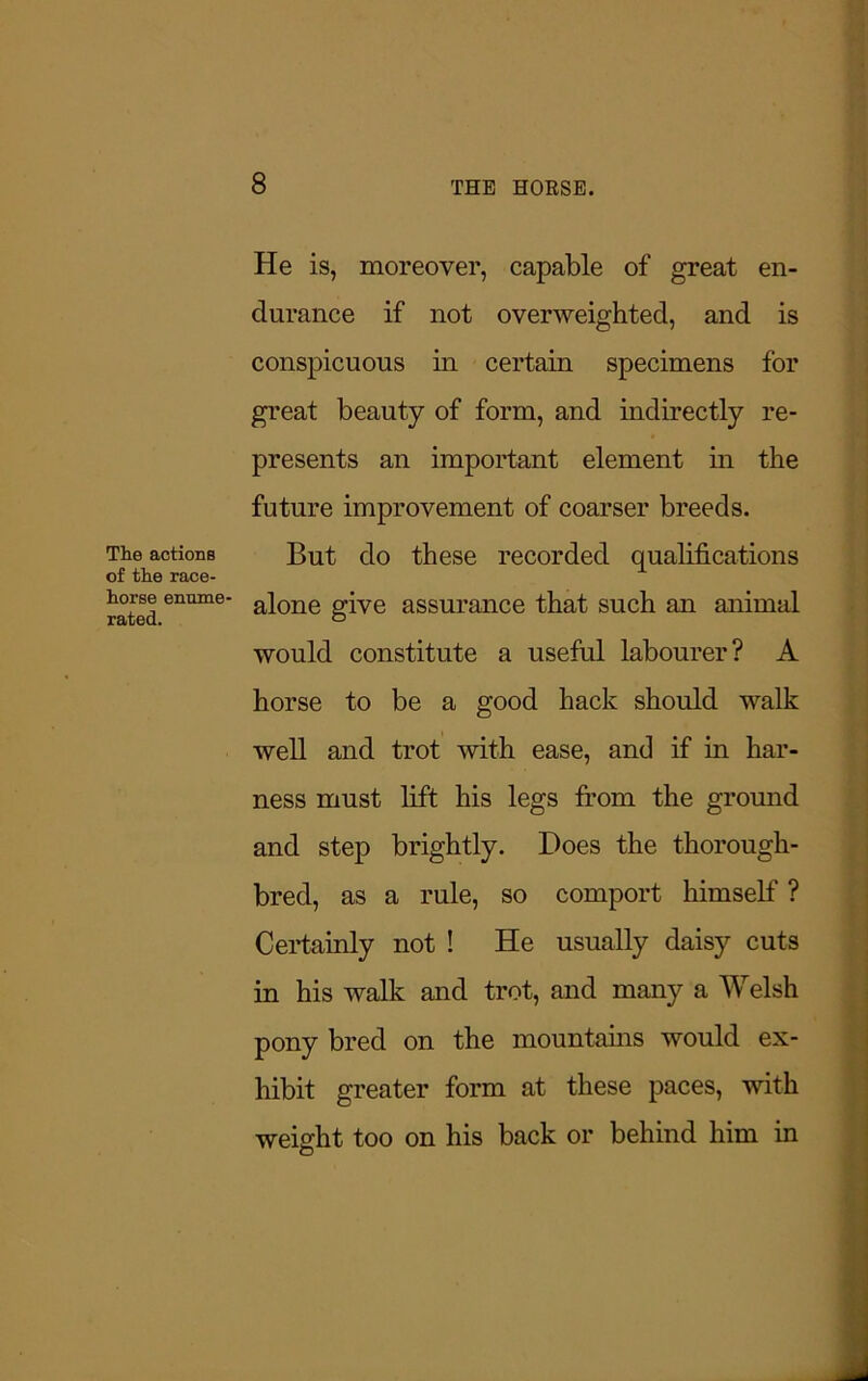 The actions of the race- horse enume- rated. He is, moreover, capable of great en- durance if not overweighted, and is conspicuous in certain specimens for great beauty of form, and indirectly re- presents an important element in the future improvement of coarser breeds. But do these recorded qualifications alone give assurance that such an animal would constitute a useful labourer? A horse to be a good hack should walk well and trot with ease, and if in har- ness must lift his legs from the ground and step brightly. Does the thorough- bred, as a rule, so comport himself' ? Certainly not ! He usually daisy cuts in his walk and trot, and many a Welsh pony bred on the mountains would ex- hibit greater form at these paces, with weight too on his back or behind him in