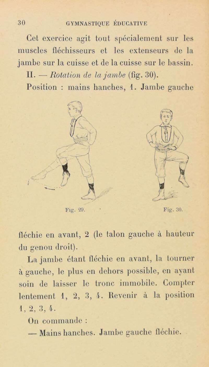 Cet exercice agit tout spécialement sur les muscles fléchisseurs et les extenseurs de la jambe sur la cuisse et de la cuisse sur le bassin. II. — Rotation de la jambe (fig. 30). Position : mains hanches, 1. Jambe gauche fléchie en avant, 2 (le talon gauche à hauteur du genou droit). La jambe étant fléchie en avant, la tourner à gauche, le plus en dehors possible, en ayant soin de laisser le tronc immobile. Compter lentement 1, 2, 3, 4. Revenir à la position 1 3 4. On commande : — Mains hanches. Jambe gauche fléchie.