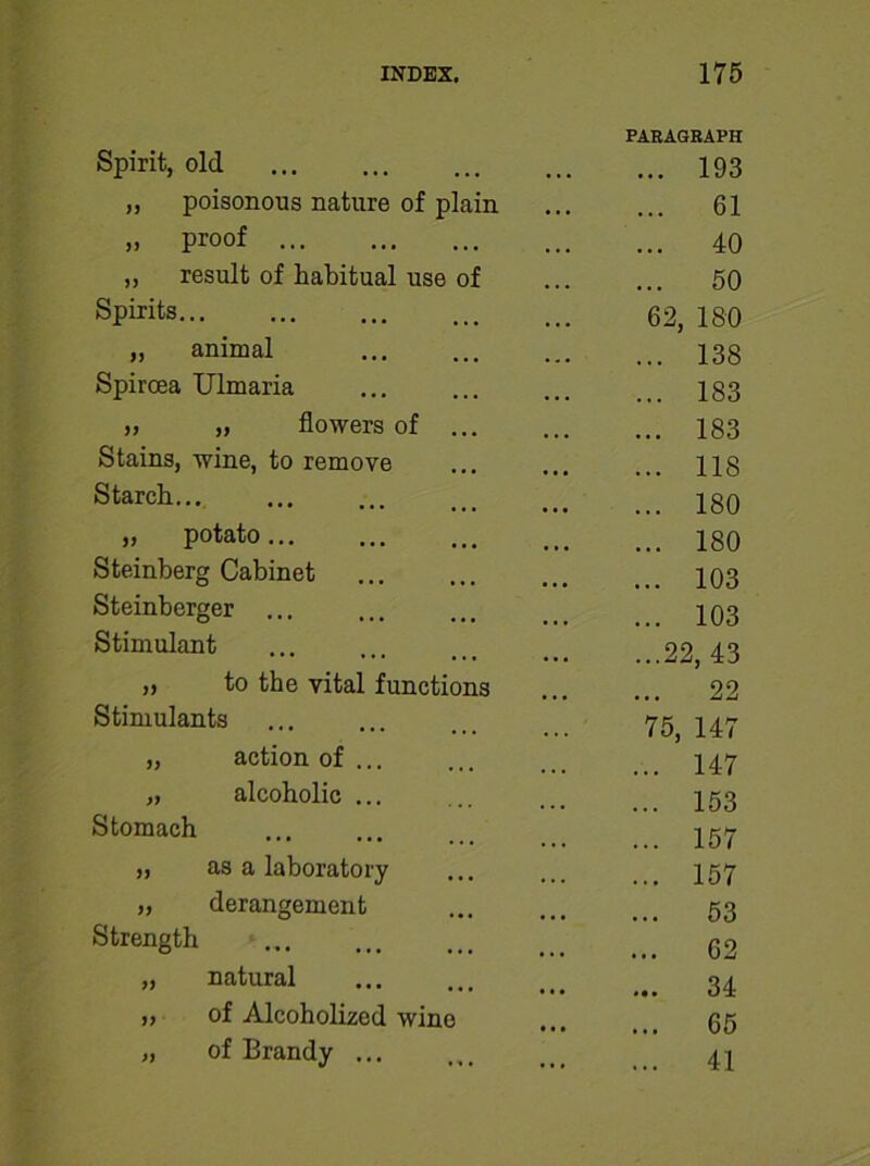 PARAGRAPH Spirit, old ... 193 „ poisonous nature of plain ... 61 „ proof ... ... 40 „ result of habitual use of ... 50 Spirits... 62, 180 „ animal ... 138 Spiroea Ulmaria ... 183 » n flowers of ... ... 183 Stains, wine, to remove ... 118 Starch... ... 180 „ potato... ... 180 Steinberg Cabinet ... 103 Steinberger ... 103 Stimulant ...22, 43 „ to the vital functions ... 22 Stimulants 75, 147 „ action of ... ... 147 „ alcoholic ... ... 153 Stomach ... 157 „ as a laboratory ... 157 „ derangement 53 Strength ... 62 „ natural ... 34 „ of Alcoholized wine ... 65 „ of Brandy ... ... 41