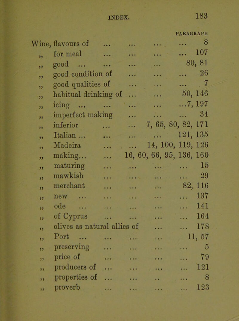 Wine, flavours of 183 PARAGRAPH 8 33 for meal ... 107 33 good 80, 81 33 good condition of ... 26 33 good qualities of 7 33 habitual drinking of ... 50, 146 33 icing ... ...7, 197 33 imperfect making ... 34 33 inferior 7, 65, 80, 82, 171 33 Italian ... • • . 121, 135 33 Madeira 14, 100, 119, 126 33 making... ... 16, 60, 66, 95, 136, 160 33 maturing ... 15 33 mawkish ... 29 33 merchant 82, 116 33 new ... 137 33 ode ... 141 33 of Cyprus ... 164 33 olives as natural allies of ... 178 33 Port 11, 57 33 preserving 5 33 price of ... 79 33 producers of ... ... 121 33 properties of ... 8 33 proverb . . . ... 123