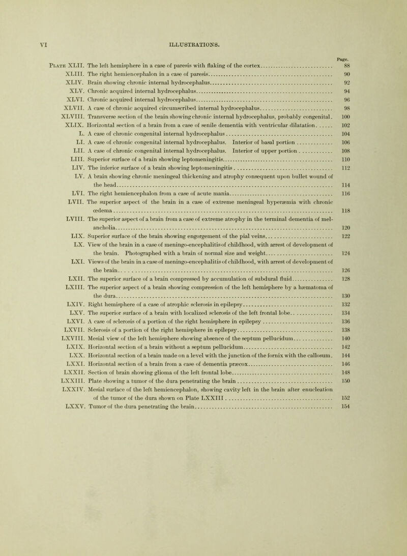 Page. Plate XLII. The left hemisphere in a case of paresis with flaking of the cortex 88 XLIII. The right hemiencephalon in a case of paresis 90 XLIV. Brain showing chronic internal hydrocephalus 92 XLV. Chronic acquired internal hydrocephalus 94 XLVI. Chronic acquired internal hydrocephalus 96 XLVII. A case of chronic acquired circumscribed internal hydrocephalus 98 XLVIII. Transverse section of the brain showing chronic internal hydrocephalus, probably congenital. 100 XLIX. Horizontal section of a brain from a case of senile dementia with ventricular dilatation 102 L. A case of chronic congenital internal hydrocephalus 104 LI. A case of chronic congenital internal hydrocephalus. Interior of basal portion 106 LII. A case of chronic congenital internal hydrocephalus. Interior of upper portion 108 LIII. Superior surface of a brain showing leptomeningitis 110 LIV. The inferior surface of a brain showing leptomeningitis 112 LV. A brain showing chronic meningeal thickening and atrophy consequent upon bullet wound of the head 114 LVl. The right hemiencephalon from a case of acute mania 116 LVII. The superior aspect of the brain in a case of extreme meningeal hypersemia with chronic oedema 118 LVIII. The superior aspect of a brain from a case of extreme atrophy in the terminal dementia of mel- ancholia 120 LIX. Superior surface of the brain showing engorgement of the pial veins 122 LX. View of the brain in a case of meningo-eneephalitisof childhood, with arrest of development of the brain. Photographed with a brain of normal size and weight 124 LXI. Views of the brain in a case of meningo-encephalitis of childhood, with arrest of development of the brain 126 LXII. The superior surface of a brain compressed by accumulation of subdural fluid 128 LXIII. The superior aspect of a brain showing compression of the left hemisphere by a hsematoma of the dura 130 LXIV. Right hemisphere of a case of atrophic sclerosis in epilepsy 132 LXV. The superior surface of a brain with localized sclerosis of the left frontal lobe 134 LXVI. A case of sclerosis of a portion of the right hemisphere in epilepsy 136 LXVII. Sclerosis of a portion of the right hemisphere in epilepsy 138 LXVIII. Mesial view of the left hemisphere showing absence of the septum pellucidum 140 LXIX. Horizontal section of a brain without a septum pellucidum 142 LXX. Horizontal section of a brain made on a level with the junction of the fornix with the callosum. 144 LXXI. Horizontal section of a brain from a case of dementia prsecox 146 LXXII. Section of brain showing glioma of the left frontal lobe 148 LXXIII. Plate showing a tumor of the dura penetrating the brain 150 LXXIV. Mesial surface of the left hemiencephalon, showing cavity left in the brain after enucleation of the tumor of the dura shown on Plate LXXIII 152 LXXV. Tumor of the dura penetrating the brain 154