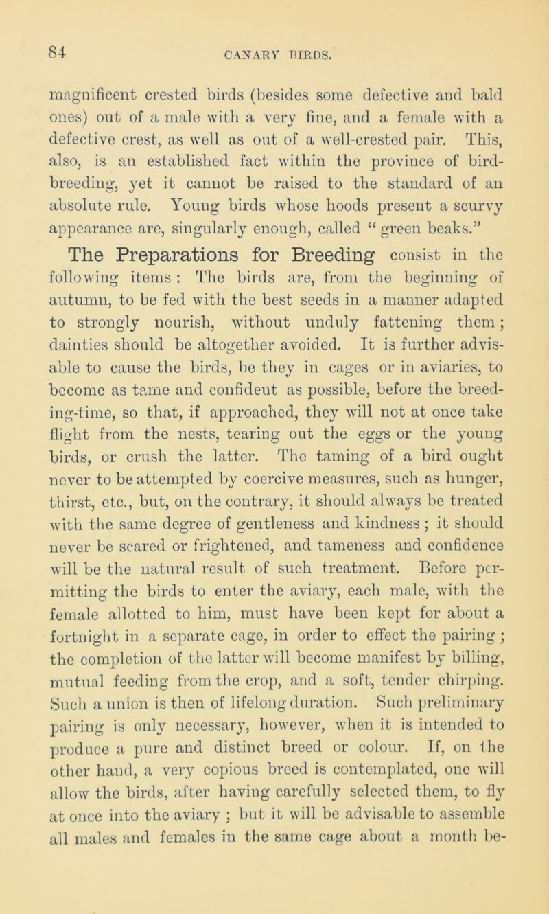 magnificent crested birds (besides some defective and bald ones) out of a male with a very fine, and a female with a defective crest, as well as out of a well-crested pair. This, also, is an established fact within the province of bird- breeding, yet it cannot be raised to the standard of an absolute rule. Young birds whose hoods present a scurvy appearance are, singularly enough, called “ green beaks.” The Preparations for Breeding consist in the following items : The birds are, from the beginning of autumn, to be fed with the best seeds in a manner adapted to strongly nourish, without unduly fattening them; dainties should be altogether avoided. It is further advis- able to cause the birds, be they in cages or in aviaries, to become as tame and confident as possible, before the breed- ing-time, so that, if approached, they will not at once take flight from the nests, tearing out the eggs or the young birds, or crush the latter. The taming of a bird ought never to be attempted by coercive measures, such as hunger, thirst, etc., but, on the contrary, it should always be treated with the same degree of gentleness and kindness; it should never be scared or frightened, and tameness and confidence will be the natural result of such treatment. Before per- mitting the birds to enter the aviary, each male, with the female allotted to him, must have been kept for about a fortnight in a separate cage, in order to effect the pairing ; the completion of the latter will become manifest by billing, mutual feeding from the crop, and a soft, tender chirping. Such a union is then of lifelong duration. Such preliminary pairing is only necessary, however, when it is intended to produce a pure and distinct breed or colour. If, on fhe other hand, a very copious breed is contemplated, one will allow the birds, after having carefully selected them, to fly at once into the aviary ; but it will be advisable to assemble all males and females in the same cage about a month be-