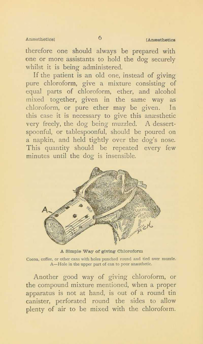 therefore one should always be prepared with one or more assistants to hold the dog securely whilst it is being administered. If the patient is an old one, instead of giving pure chloroform, give a mixture consisting of equal parts of chloroform, ether, and alcohol mixed together, given in the same way as chloroform, or pure ether may be given. In this case it is necessary to give this anaesthetic very freely, the dog being muzzled. A dessert- spoonful, or tablespoonful, should be poured on a napkin, and held tightly over the dog’s nose. This quantity should be repeated every few minutes until the dog is insensible. A Simple Way of giving Chloroform Cocoa, coffee, or other cans with holes punched round and tied over muzzle. A—Hole in the upper part of can to pour anaesthetic. Another good way of giving chloroform, or the compound mixture mentioned, when a proper apparatus is not at hand, is out of a round tin canister, perforated round the sides to allow plenty of air to be mixed with the chloroform.