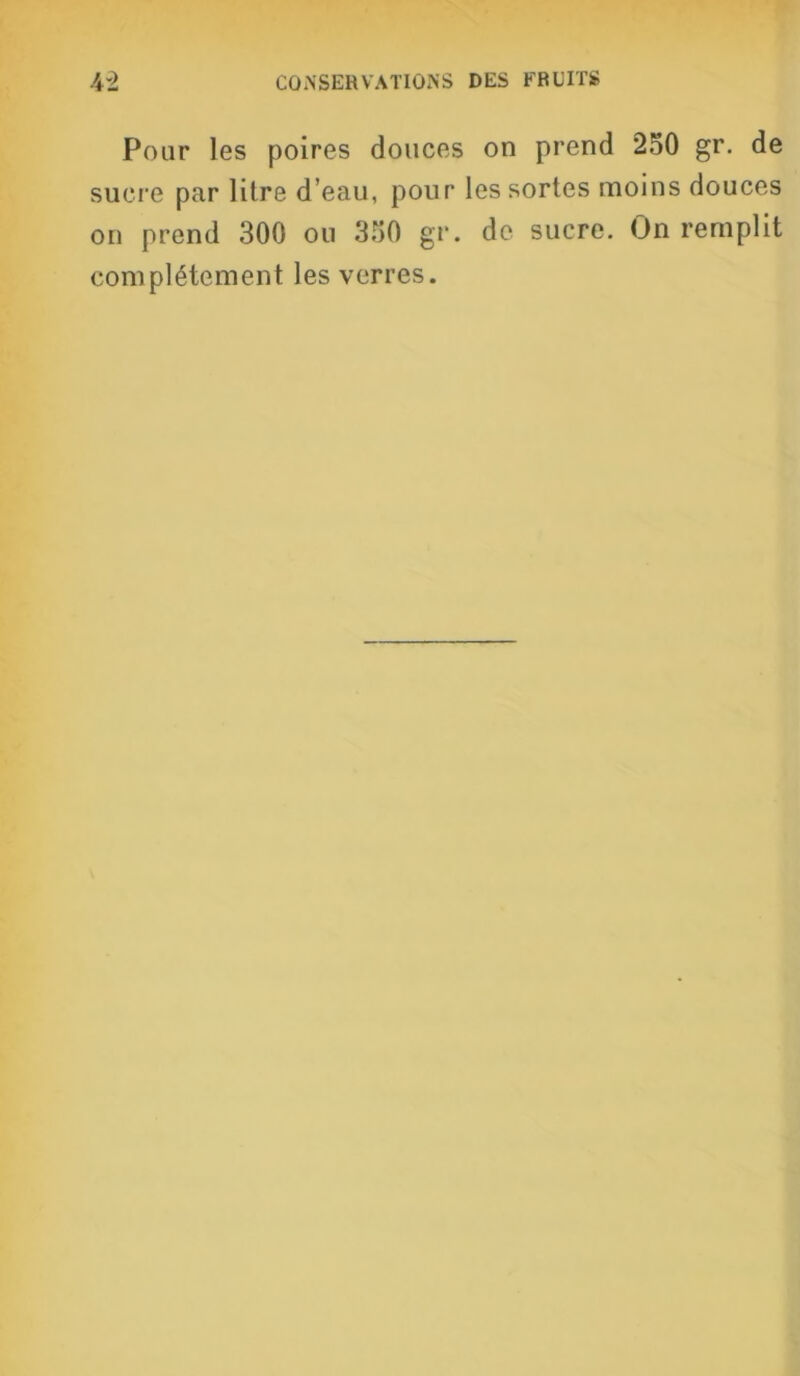Pour les poires douces on prend 250 gr. de sucre par litre d’eau, pour les sortes moins douces on prend 300 ou 350 gr. de sucre. On remplit complètement les verres.