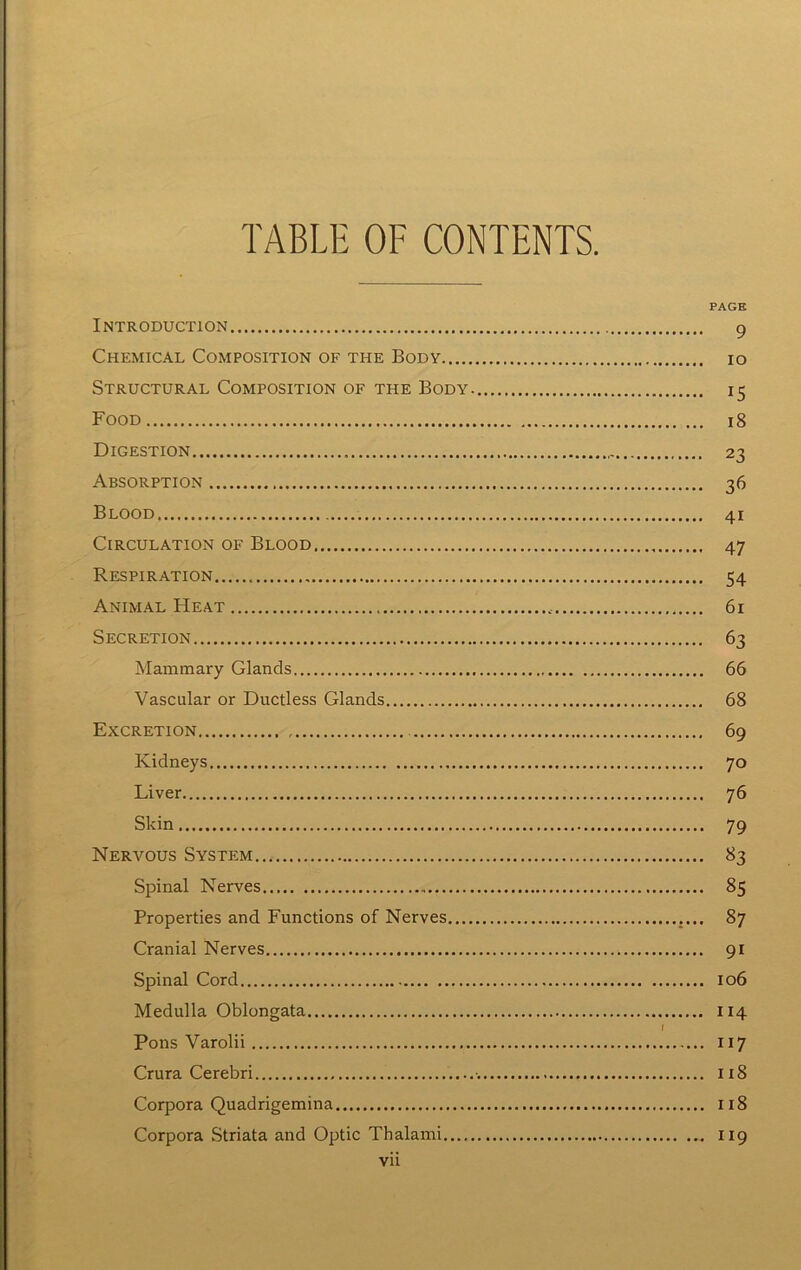 TABLE OF CONTENTS PAGE Introduction 9 Chemical Composition of the Body 10 Structural Composition of the Body. 15 Food 18 Digestion 23 Absorption 36 Blood 41 Circulation OF Blood 47 Respiration 54 Animal Heat 61 Secretion 63 Mammary Glands 66 Vascular or Ductless Glands 68 Excretion 69 Kidneys 70 Liver 76 Skin 79 Nervous System 83 Spinal Nerves 85 Properties and Functions of Nerves 87 Cranial Nerves 91 Spinal Cord 106 Medulla Oblongata 114 I Pons Varolii 117 Crura Cerebri 118 Corpora Quadrigemina 118 Corpora Striata and Optic Thalami 119