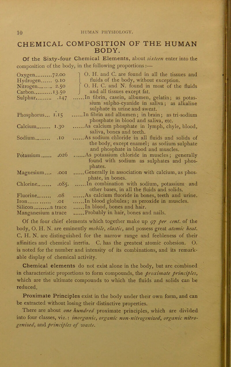 CHEMICAL COMPOSITION OF THE HUMAN BODY. Of the Sixty-four Chemical Elements, about sixteen enter into the composition of the body, in the following proportions :— Oxygen 72.00 Hydrogen 9.10 Nitrogen 2.50 Carbon i3-5° Sulphur 147 Phosphorus... 1.15 Calcium 1.30 Sodium 10 Potassium 026 Magnesium... . .001 Chlorine . .085, Fluorine . .08 Iron . .01 Silicon a trace Manganesium a trace O. H. and C. are found in all the tissues and fluids of the body, without exception. O. H. C. and N. found in most of the fluids and all tissues except fat. In fibrin, casein, albumen, gelatin; as potas- sium sulpho-cyanide in saliva; as alkaline sulphate in urine and sweat. In fibrin and albumen; in brain; as tri-sodium phosphate in blood and .saliva, etc. As calcium phosphate in lymph, chyle, blood, saliva, bones and teeth. As sodium chloride in all fluids and solids of the body, except enamel; as sodium sulphate and phosphate in blood and muscles. As potassium chloride in muscles; generally found with sodium as sulphates and phos- phates. Generally in as.sociation with calcium, as phos- phate, in bones. In combination with sodium, potassium and other bases, in all the fluids and solids. As calcium fluoride in bones, teeth and urine. In blood globules; as peroxide in muscles. In blood, bones and hair. Probably in hair, bones and nails. Of the four chief elements which together make up 97 per cent, of the body, O. H. N. are eminently jnobile, elastic, and possess great atomic heat. C. H. N. are distinguished for the narrow range and feebleness of their affinities and chemical inertia. C. has the greatest atomic cohesion. O. is noted for the number and intensity of its combinations, and its remark- able display of chemical activity. Chemical elements do not exist alone in the body, but are combined in characteristic proportions to form compounds, the proximate principles, which are the ultimate compounds to which the fluids and solids can be reduced. Proximate Principles exist in the body under their own form, and can be extracted without losing their distinctive properties. There are about one hundred proximate principles, which are divided into four classes, viz.: inorganic, organic non-nitrogenized, organic nitro- genized, and principles of waste.