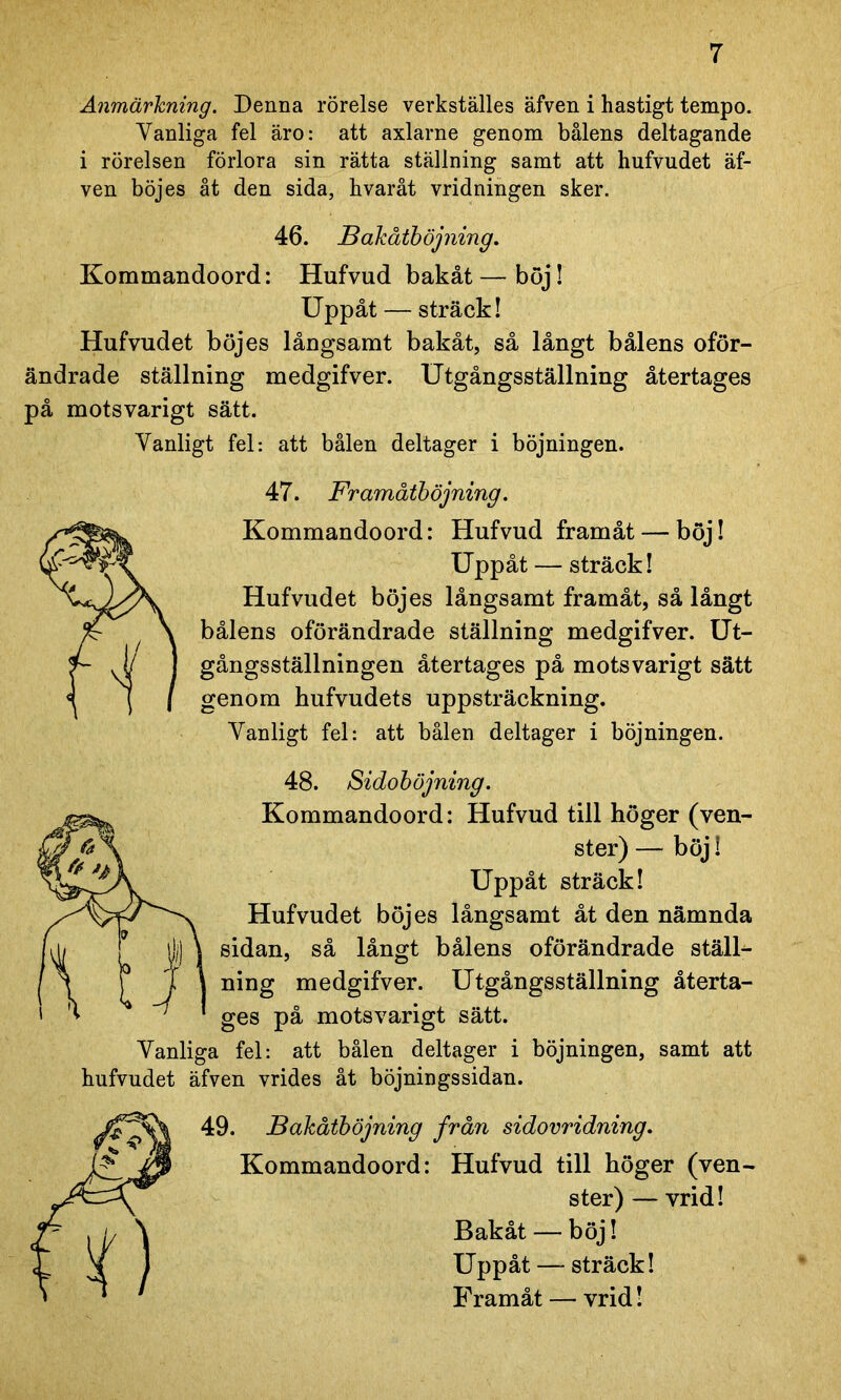 Anmärkning. Denna rörelse verkställes äfven i hastigt tempo. Yanliga fel äro: att axlarne genom bålens deltagande i rörelsen förlora sin rätta ställning samt att hufvudet äf- ven böjes åt den sida, hvaråt vridningen sker. 46. Bakåtböjning. Kommandoord: Hufvud bakåt—böj! Uppåt — sträck! Hufvudet böjes långsamt bakåt, så långt bålens oför- ändrade ställning medgifver. Utgångsställning återtages på motsvarigt sätt. Vanligt fel: att bålen deltager i böjningen. 47. Framåtböjning. Kommandoord: Hufvud framåt — böj! Uppåt — sträck! Hufvudet böjes långsamt framåt, så långt bålens oförändrade ställning medgifver. Ut- gångsställningen återtages på motsvarigt sätt genom bufvudets uppsträckning. Vanligt fel: att bålen deltager i böjningen. 48. Sidoböjning. Kommandoord: Hufvud till höger (ven- ster) — böj i Uppåt sträck! Hufvudet böjes långsamt åt den nämnda sidan, så långt bålens oförändrade ställ- ning medgifver. Utgångsställning återta- ges på motsvarigt sätt. Vanliga fel: att bålen deltager i böjningen, samt att hufvudet äfven vrides åt böjningssidan. 49. Bakåtböjning från sidovridning. Kommandoord: Hufvud till höger (ven- ster) — vrid! Bakåt — böj! Uppåt — sträck! Framåt — vrid!