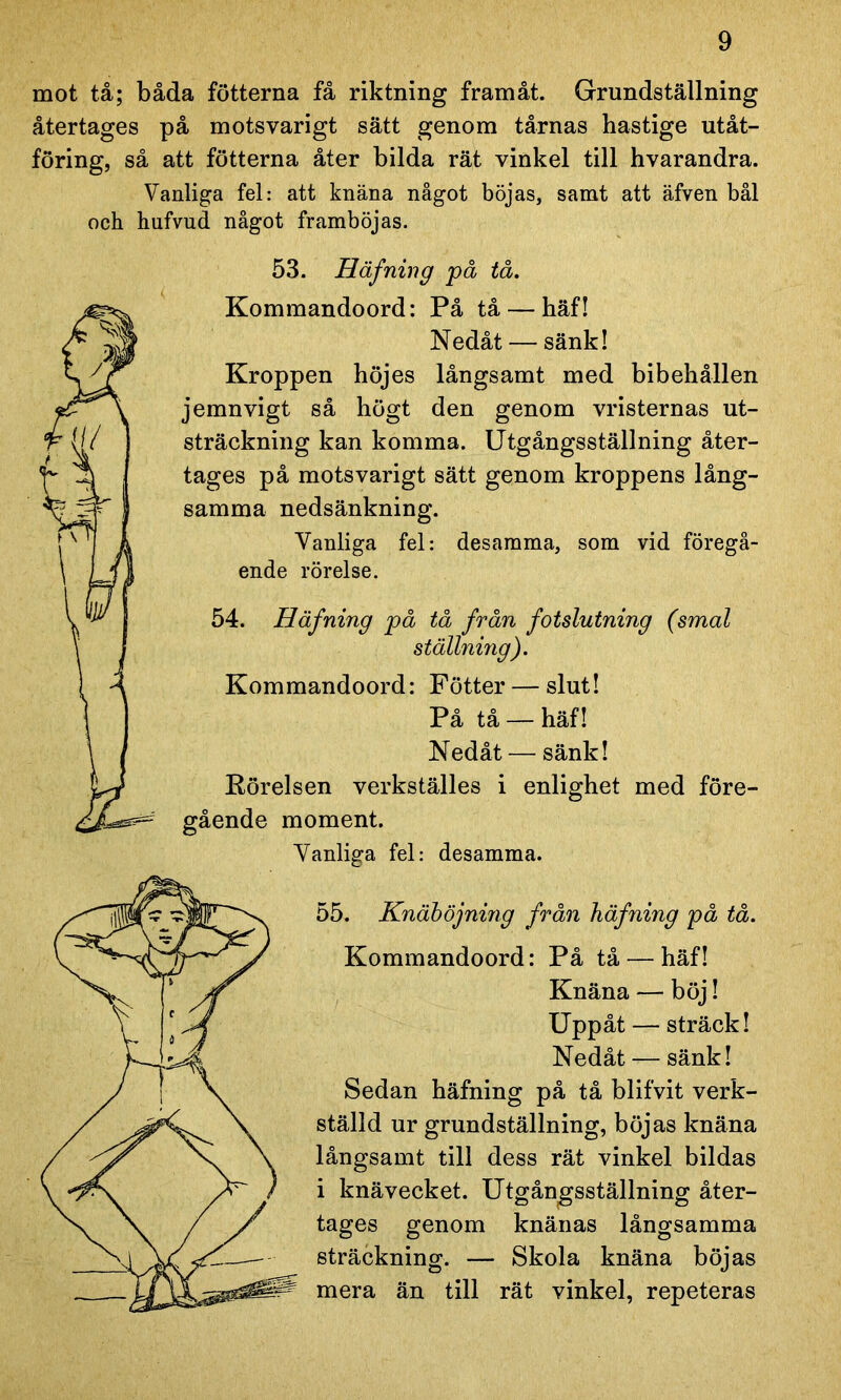 mot tå; båda fotterna få riktning framåt. Grundställning återtages på motsvarigt sätt genom tårnas hastige utåt- föring, så att fotterna åter bilda rät vinkel till hvarandra. Vanliga fel: att knäna något böjas, samt att äfven bål och hufvud något framböjas. 53. Häfning på tå. Kommandoord: På tå — häf! Nedåt — sänk! Kroppen höjes långsamt med bibehållen jemnvigt så högt den genom vristernas ut- sträckning kan komma. Utgångsställning åter- tages på motsvarigt sätt genom kroppens lång- samma nedsänkning. Vanliga fel: desamma, som vid föregå- ende rörelse. 54. Häf ning på tå från fotslutning (smal ställning). Kommandoord: Fotter — slut! På tå — häf! Nedåt — sänk! Pörelsen verkställes i enlighet med före- gående moment. Vanliga fel: desamma. 55. Knäböjning från häfning på tå. Kommandoord: På tå — häf! Knäna — böj! Uppåt — sträck! Nedåt — sänk! Sedan häfning på tå blifvit verk- ställd ur grundställning, böjas knäna långsamt till dess rät vinkel bildas i knävecket. Utgångsställning åter- tages genom knänas långsamma sträckning. — Skola knäna böjas mera än till rät vinkel, repeteras