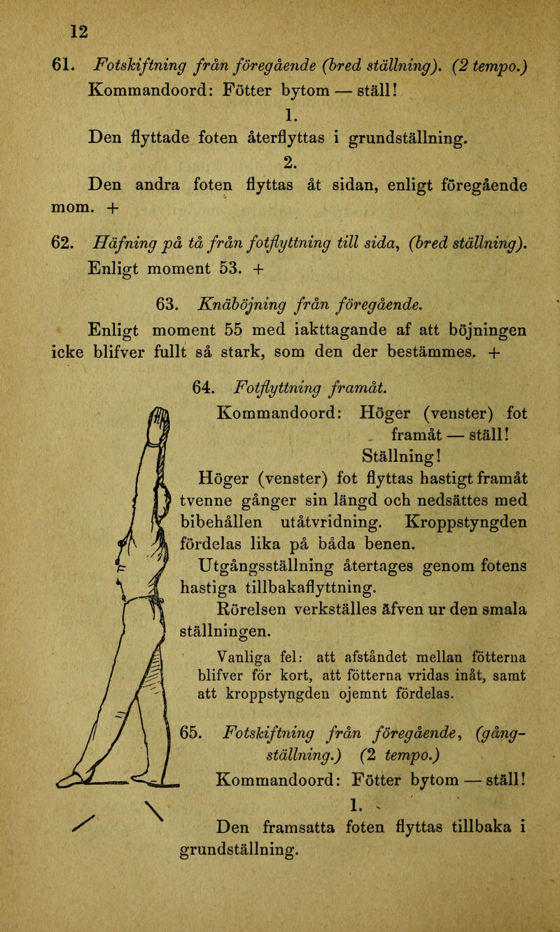 61. Fotskiftning från föregående (bred ställning). (2 tempo.) Kommandoord: Fotter bytom— ställ! 1. Den flyttade foten återflyttas i grundställning. 2. Den andra foten flyttas åt sidan, enligt föregående mom. + 62. Häfning på tå från fotflyttning till sida, (bred ställning). Enligt moment 53. + 63. Knäböjning från föregående. Enligt moment 55 med iakttagande af att böjningen icke blifver fullt så stark, som den der bestämmes. + 64. Fotflyttning framåt. Kommandoord: Höger (venster) fot framåt — ställ! Ställning! Höger (venster) fot flyttas hastigt framåt tvenne gånger sin längd och nedsättes med bibehållen utåtvridning. Kroppstyngden fördelas lika på båda benen. Utgångsställning återtages genom fotens hastiga tillbakaflyttning. Rörelsen verkställes äfven ur den smala ställningen. Vanliga fel: att afståndet mellan fotterna blifver för kort, att fotterna vridas inåt, samt att kroppstyngden ojemnt fördelas. 65. Fotskiftning från föregående, (gång- ställning.) (2 tempo.) Kommandoord: Fotter bytom — ställ! 1. . Den framsatta foten flyttas tillbaka i grundställning.