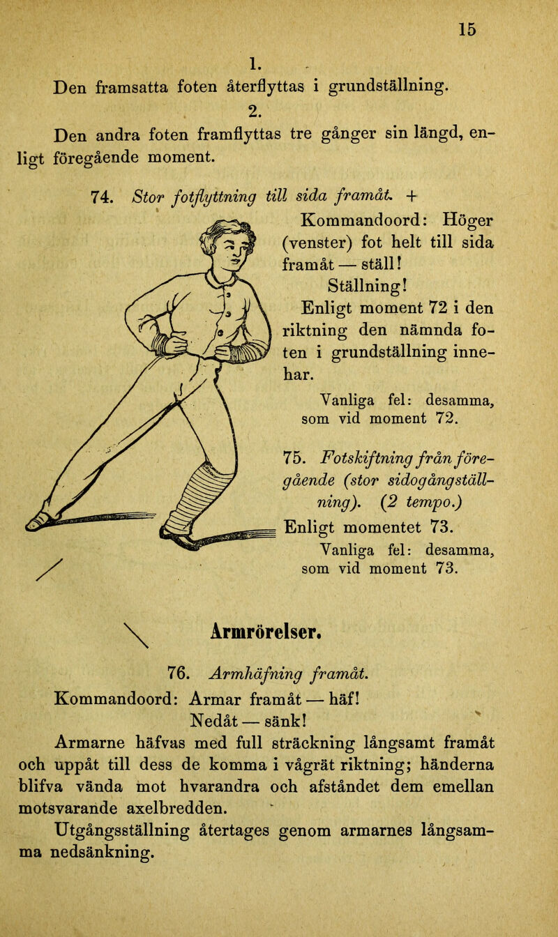 1. Den framsatta foten återflyttas i grundställning. 2. Den andra foten framflyttas tre gånger sin längd, en- ligt föregående moment. 74. Stor fotflyttning till sida framåt + Kommandoord: Höger (venster) fot helt till sida framåt — ställ! Ställning Enligt moment riktning den nämnda fo- ten i grundställning inne- har. Yanliga fel: desamma, som vid moment 72. 75. Fo t skiftning från före- gående (stor sidogång ställ- ning). (2 tempo.) Enligt momentet 73. Yanliga fel: desamma, som vid moment 73. Armrörelser, 76. Armhäfning framåt. Kommandoord: Armar framåt — häf! Nedåt — sänk! Armarne häfvas med full sträckning långsamt framåt och uppåt till dess de komma i vågrät riktning; händerna blifva vända mot hvarandra och afståndet dem emellan motsvarande axelbredden. Utgångsställning återtages genom armarnes långsam- ma nedsänkning.