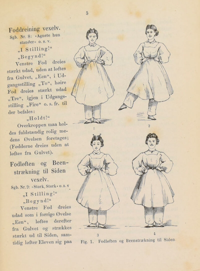 Foddreining vexelv. Sgb. Nr. 8: »Agnete hun stander >' o. s. v. „I Stilling!^ „Begyncll“ Venstre Fod dreies stærkt udad, uden at løftes fra Gulvet, „Een“, i Ud- gangsstilling „To“, høire Fod dreies stærkt udad „Tre“, igjen i Udgangs- stilling „Fire“ o. s. fr. til der befales: „Holdt! Overkroppen maa hol- des fuldstændig rolig me- dens Øvelsen foretages 5 (Fødderne dreies uden at løftes fra Gulvet). Fodløften og Been- strækning til Siden vexelv. Sgb. Nr.9: »Stork, Stork» o.s. „I Stilling! „Begynd! Venstre Fod dreies udad som i forrige Øvelse „Een, løftes derefter fra Gulvet og strækkes stærkt ud til Siden, sam- tidig løfter Eleven sig paa Fi. 1. Fodløften og Beenstrækning til Siden