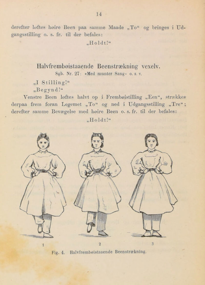 derefter loftes høire Been paa samme Maade „To“ og bringes i Ud- gangsstilling o. s. fr. til der befales: „Holdt!“ Halvfrembøistaaende Beenstrækning vexelv. Sgb. Nr. 27: »Med munter Sang« o. s. v. „I Stilling!“ „Begynd!“ Venstre Been løftes halvt op i Frembøistilling „Een“, strækkes derpaa frem foran Legemet „To“ og ned i Udgangsstilling „Tre“ ; derefter samme Bevægelse med høire Been o. s. fr. til der befales: „lioldt!“ Fig. 4. Halvfrembøistaaende Beenstrækning.