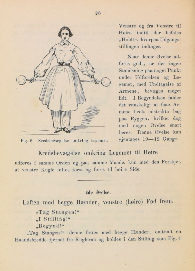 Fig. 6. Fredsbevægelse omkring Legemet. Venstre og fra Venstre til Høire indtil der befales „Holdt“, hvorpaa Udgangs- stillingen indtages. Naar denne Øvelse ud- føres godt, er der ingen Standsning paa noget Punkt under Udførelsen og Le- gemet, med Undtagelse af Armene, bevæges meget lidt. I Begyndelsen falder det vanskeligt at faae Ar- mene lieelt udstrakte bag paa Ryggen, hvilket dog med nogen Øvelse snart læres. Denne Øvelse kan gjentages 10—12 Gange. Kredsbevægelse omkring Legemet til Høire udføres i samme Ørden og paa samme Maade, kun med den Forskjel, at venstre Kugle løftes først og føres til høire Side. 4de øvelse. Løften med begge Hænder, venstre (høire) Fod frem. »Tag Stangen!“ „I Stilling!^ „Begynd!“ „Tag Stangen!“ denne fattes med begge Hænder, omtrent en Haandsbredde fjernet fra Kuglerne og holdes i den Stilling som Fig. 4