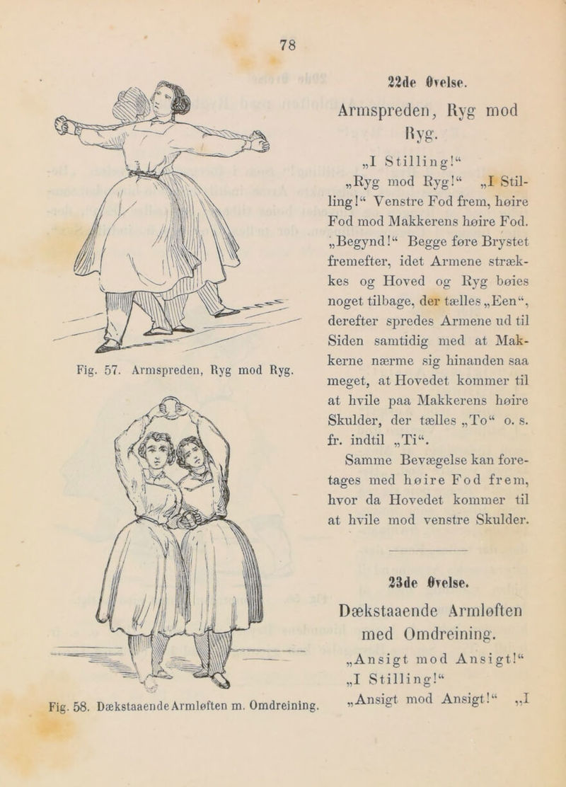Fig. 58. DækstaaendeArmløften m. Omdreining. 32de Orelse. Annspreclen, Ryg mod Hyg. „I Stilling!^ „Ryg mod Ryg!“ „I Stil- ling!“ Venstre Fod frem, høire Fod mod Makkerens høire Fod. „Begynd!“ Begge føre Brystet fremefter, idet Armene stræk- kes og Hoved og Ryg bøies noget tilbage, der tælles „Een“, derefter spredes Armene nd til Siden samtidig med at Mak- kerne nærme sig hinanden saa meget, at Hovedet kommer til at hvile paa Makkerens høire Skulder, der tælles „To“ o. s. fr. indtil „Ti“. Samme Bevægelse kan fore- tages med høire Fod frem, hvor da Hovedet kommer til at hvile mod venstre Skulder. 33de Øvelse. Dækstaaende Armløften med Omdreining. „Ansigt mod Ansigt!“ „I Stilling!“ „Ansigt mod Ansigt!“ „I