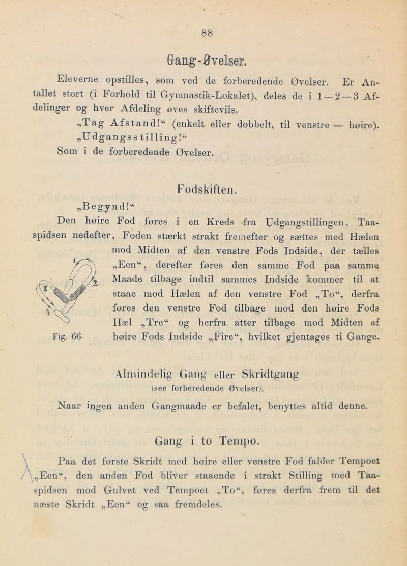 Gang-Øvelser. Eleverne opstilles, som ved de forberedende Ovelser. Er An- tallet stort (i Forhold til Gymnastik-Lokalet), deles de i 1 — 2 — 3 Af- delinger og hver Afdeling oves skifteviis. „lag Afstand!“ (enkelt eller dobbelt, til venstre— hoire). „Udgangsstilling!^ Som i de forberedende Ovelser. Fodskiften. „Begynd!“ Den høire Fod fores i en Kreds ^fra Udgangstillingen, Taa- spidsen nedefter. Foden stærkt strakt fremefter og sættes med Hælen mod Midten af den venstre Fods Indside, der tælles „Een“, derefter fores den samme Fod paa samme Maade tilbage indtil sammes Indside kommer til at staae mod Hælen af den venstre Fod „To“, derfra fores den venstre Fod tilbage mod den hoire Fods Hæl „Tre“ og herfra atter tilbage mod Midten af hoire Fods Indside „Fire“, hvilket gjentages ti Gange. Mmindelig Gang eller Skridtgang (see forberedende Øvelserj. Naar ingen anden Gangmaade er befalet, benyttes altid denne. / / i) Il / J, '1' y A \ fl I VN Fig. 66. Gang i to Tenifto. Paa det forste Skridt med hoire eller venstre Fod falder Tempoet ,„Een“, den anden Fod bliver staaende i strakt Stilling med Taa- spidsen mod Gulvet ved Tempoet „To“, fores derfra frem til det næste Skridt „Een‘‘ og saa fremdeles.