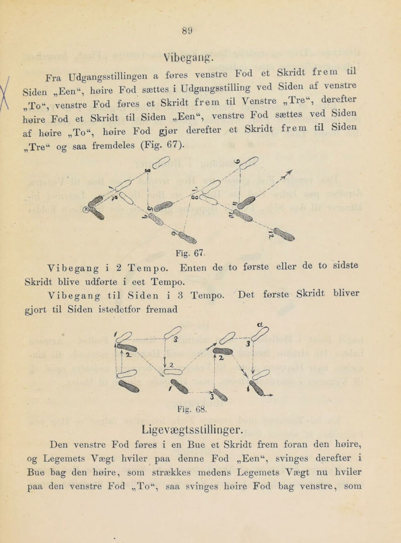 Vibegang. Fra Udgangsstillingen a føres venstre Fod et Skridt frem til Siden „Een“, hoire Fod sættes i Udgangsstilling ved Siden al venstre „To“, venstre Fod fores et Skridt frem til Venstre „Tre“, derefter Lire'Fod et Skridt til Siden „Een“, venstre Fod sættes ved Siden af liøire „To“, høire Fod gjør derefter et Skridt frem til Siden „Tre“ og saa fremdeles (Fig. 67). Fig. 67. Vibe gang i 2 Tempo. Enten de to første eller de to sidste Skridt blive udførte i eet Tempo. Vibegang til Siden i 3 gjort til Siden istedetfor fremad Tempo. Det første Skridt bliver 68. Ligevægtsstillinger. Den venstre Fod føres i en Bue et Skridt frem foran den høire, og Legemets Vægt hviler paa denne Fod „Een“, svinges derefter i Bue bag den høire, som strækkes medens Legemets Vægt nu hviler paa den venstre Fod „To“, saa svinges hoire Fod bag venstre, som