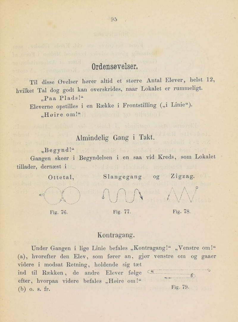Ordensøvelser. Til disse Øvelser hører altid et større Antal Elever, helst 12, hvilket Tal dog godt kan overskrides, naar Lokalet er rummeligt. „Paa Plads!“ Eleverne opstilles i en Række i Frontstilling („i Linie“). „Høire om!“ Almindelig Gang i Takt. „Begynd!“ Gangen skeer i Begyndelsen i en saa vid Kreds, som Lokalet tillader, dernæst i Slangegang og Zigzag. Ottetal, <r0 (i Fig. 76. 1 1 ^ / \ i i i / ^ v.v >--.y Fig. 77. A p '■ \ ! \ / ' V V Fig. 78. Kontragang. Under Gangen i lige Linie befales „Kontragang!“ „Venstre om!“ (a) , hvorefter den Elev, som fører an, gjør venstre om og gaaer videre i modsat Retning, holdende sig tæt ind til Rækken , de andre Elever følge efter, hvorpaa videre befales „Høire om!“ (b) o. s. fr.