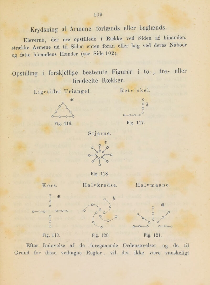 Krydsning af Armene forlænds eller baglænds. Eleverne, der ere opstillede i Række ved Siden af hinanden, strække Armene ud til Siden enten foran eller bag ved deres Naboer oo- fatte hinandens Hænder (see Side 102). C « Opstilling i forskjellige bestemte Figurer i to-, tre- eller firedeelte Rækker. Ligesidet Triangel. v_ Fig. 116 Ret vinkel. c I c o—o—o—o Fig. 117. K o r s. 0 1 o o—-1—0 o—o- o å Fig. 119. Stj erne. o—o o o O Fig. 118. H a 1V k r e d s e. H a 1V m a a n e. 6 d 'o /' P C-' ! q o 6 -o- \ '''O 0 % ? ,o^ o—o o o—o Q Fig. 120. Fig. 121. Efter Indøvelse af de foregaaende Ordensovelser og de til Grund for disse vedtagne Regler, vil det ikke være vanskeligt