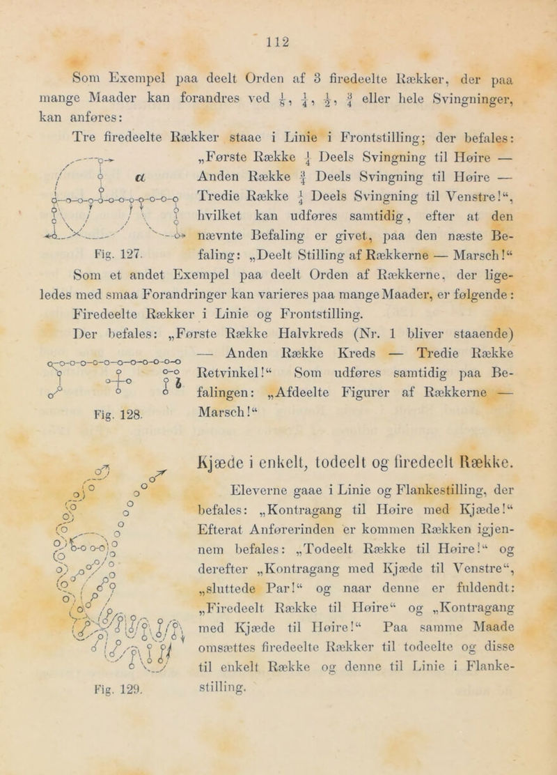 Som Exempel paa deelt Orden af 3 firedeelte Hækker, der paa mange Maader kan forandres ved 1 4 ’ 1 ■2-> I eller hele Svingninger, T I r / /' \ -0-0 ? 9 kan anføres: Tre firedeelte Rækker staae i Linie i Frontstilling; der befales: „Første Række \ Deels Svingning til Høire — ci Anden Række | Deels Svingning til Høire — Tredie Række ^ Deels Svingning til Venstre!“, hvilket kan udføres samtidig, efter at den nævnte Befaling er givet, paa den næste Be- faling: „Deelt Stilling af Rækkerne — Marsch!“ Som et andet Exempel paa deelt Orden af Rækkerne, der lige- ledes med smaa Forandringer kan varieres paa mange Maader, er følgende : Firedeelte Rækker i Linie og Frontstilling. Der befales: „Første Række Halvkreds (Nr. 1 bliver staaende) — Anden Række Kreds — Tredie Række C(—0-0-0—o—o—o—o—o-o-o-o ^-1 o 0-0 I 4 Fig. 127. c/ o—j—o o Fig. 128. Retvinkel!“ Som udføres samtidig paa Be- falingen: „Afdeelte Figurer af Rækkerne — Marsch!“ Kjæde i enkelt, todeelt og liredeell Række. Eleverne gaae i Linie og Flankestilling, der befales: „Kontragang til Høire med Kjæde!“ Efterat Anførerinden er kommen Rækken igjen- nem befales: „Todeelt Række til Høireog derefter „Kontragang med Kjæde til Venstre“, „sluttede Par!“ og naar denne er fuldendt: „Firedeelt Radcke til Høire“ og „Kontragang med Kjæde til Høire!“ Paa samme Maade omsættes firedeelte Rækker til todeelte og disse til enkelt Række og denne til Linie i Flanke- stilling.