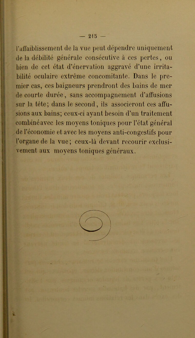 l’affaiblissement de la vue peut dépendre uniquement de la débilité générale consécutive à ces pertes, ou bien de cet état d’énervation aggravé d’une irrita- bilité oculaire extrême concomitante. Dans le pre- mier cas, ces baigneurs prendront des bains de mer de courte durée, sans accompagnement d’affusions sur la tête; dans le second, ils associeront ces affu- sions aux bains; ceux-ci ayant besoin d’un traitement combiné avec les moyens toniques pour l’état général de l’économie et avec les moyens anti-congestifs pour l’organe de la vue; ceux-là devant recourir exclusi- vement aux moyens toniques généraux.