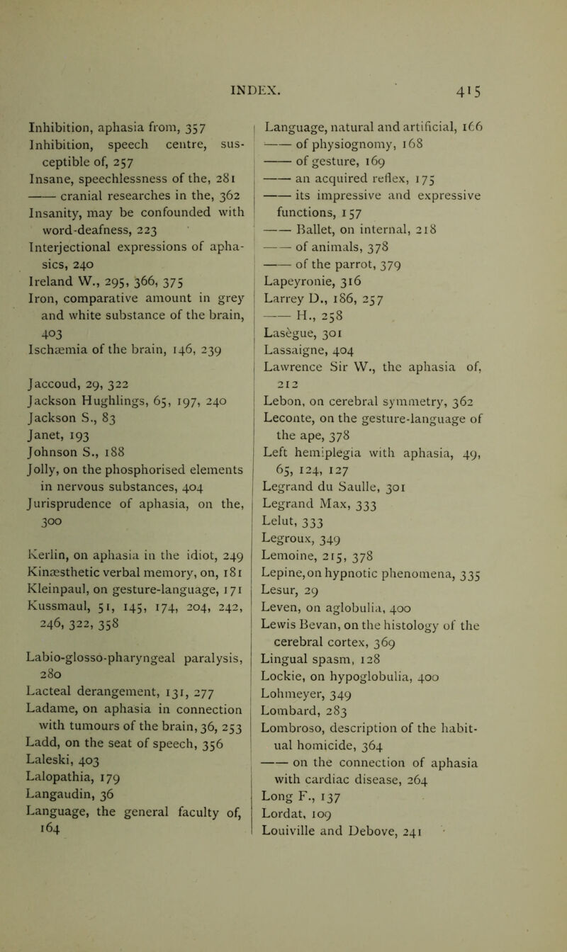 Inhibition, aphasia from, 357 Inhibition, speech centre, sus- ceptible of, 257 Insane, speechlessness of the, 281 cranial researches in the, 362 Insanity, may be confounded with word-deafness, 223 Interjectional expressions of apha- sics, 240 Ireland W., 295, 366, 375 Iron, comparative amount in grey and white substance of the brain, 403 Ischaemia of the brain, 146, 239 Jaccoud, 29, 322 Jackson Hughlings, 65, 197, 240 Jackson S., 83 Janet, 193 Johnson S., 188 Jolly, on the phosphorised elements in nervous substances, 404 Jurisprudence of aphasia, on the, 300 Kerlin, on aphasia in the idiot, 249 Kinaesthetic verbal memory, on, 181 Kieinpaul, on gesture-language, 171 Kussmaul, 51, 145, 174, 204, 242, 246, 322, 358 Labio-glosso-pharyngeal paralysis, 280 Lacteal derangement, 131, 277 Ladame, on aphasia in connection with tumours of the brain, 36, 253 Ladd, on the seat of speech, 356 Laleski, 403 Lalopathia, 179 Langaudin, 36 Language, the general faculty of, 164 j Language, natural and artificial, 166 of physiognomy, 168 of gesture, 169 I an acquired reflex, 175 j its impressive and expressive functions, 157 Ballet, on internal, 218 -of animals, 378 of the parrot, 379 Lapeyronie, 316 | Larrey D., 186, 257 H., 258 Lasegue, 301 Lassaigne, 404 I Lawrence Sir W., the aphasia of, 212 I Lebon, on cerebral symmetry, 362 j Leconte, on the gesture-language of the ape, 378 Left hemiplegia with aphasia, 49, 65, 124, 127 Legrand du Saulle, 301 Legrand Max, 333 Lelut, 333 Legroux, 349 Lemoine, 215, 378 Lepine,on hypnotic phenomena, 335 Lesur, 29 ! Leven, on aglobulia, 400 j Lewis Bevan, on the histology of the cerebral cortex, 369 Lingual spasm, 128 Lockie, on hypoglobulia, 400 Lohmeyer, 349 Lombard, 283 Lombroso, description of the habit- ual homicide, 364 on the connection of aphasia with cardiac disease, 264 Long F., 137 Lordat, 109 Louiville and Debove, 241
