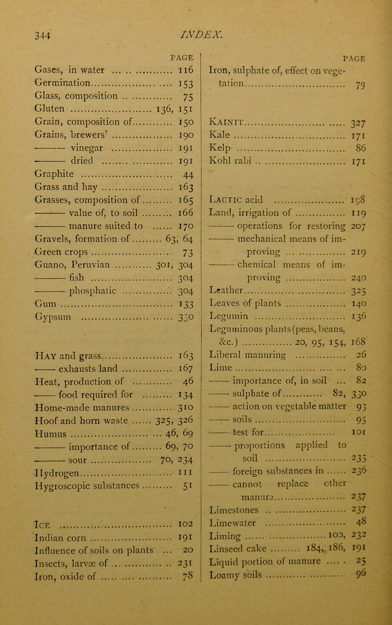 PAGE Gases, in water 116 Germination 153 Glass, composition 75 Gluten 136, 151 Grain, composition of 150 Grains, brewers’ 190 ■ vinegar 191 dried 191 Graphite 44 Grass and hay 163 Grasses, composition of 165 value of, to soil 166 manure suited to 170 Gravels, formation of 63, 64 Green crops 73 Guano, Peruvian 301, 304 fish 304 phosphatic 304 Gum 133 Gypsum 330 Hay and grass 163 exhausts land 167 Heat, production of ... 46 food required for 134 Home-made manures 310 Hoof and horn waste 325, 326 Humus 46, 69 importance of 69, 70 ■ sour.... 70,234 Hydrogen m Hygroscopic substances 51 Ice 102 Indian corn i 191 Influence of soils on plants ... 20 Insects, larvce of 231 Iron, oxide of 7^ PAGE Iron, sulphate of, effect on vege- tation 79 Kainit 327 Kale 171 Kelp 86 Kohl rabi 171 Lactic acid 198 Land, irrigation of 119 operations for restoring 207 mechanical means of im- proving 219 chemical means of im- proving 240 Leather 325 Leaves of plants 140 Legumin 136 Leguminous plants(peas, beans, &c.) 20, 95, 154, 168 Liberal manuring 26 Lime 80 importance of, in soil ... 82 sulphate of 82, 330 action on vegetable matter 93 soils 95 test for 101 proportions applied to soil 233 foreign substances in 236 cannot replace other manure 237 Limestones 237 Limewater Liming i°3> 232 Linseed cake 184, 186, 191 Liquid portion of manure 25 Loamy soils 9°
