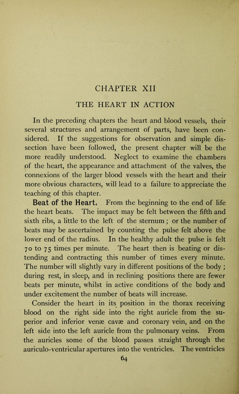 THE HEART IN ACTION In the preceding chapters the heart and blood vessels, their several structures and arrangement of parts, have been con- sidered. If the suggestions for observation and simple dis- section have been followed, the present chapter will be the more readily understood. Neglect to examine the chambers pf the heart, the appearance and attachment of the valves, the connexions of the larger blood vessels with the heart and their more obvious characters, will lead to a failure to appreciate the teaching of this chapter. Beat of the Heart. From the beginning to the end of life the heart beats. The impact may be felt between the fifth and sixth ribs, a little to the left of the sternum ; or the number of beats may be ascertained by counting the pulse felt above the lower end of the radius. In the healthy adult the pulse is felt 70 to 75 times per minute. The heart then is beating or dis- tending and contracting this number of times every minute. The number will slightly vary in different positions of the body ; during rest, in sleep, and in reclining positions there are fewer beats per minute, whilst in active conditions of the body and under excitement the number of beats will increase. Consider the heart in its position in the thorax receiving blood on the right side into the right auricle from the su- perior and inferior venae cavae and coronary vein, and on the left side into the left auricle from the pulmonary veins. From the auricles some of the blood passes straight through the auriculo-ventricular apertures into the ventricles. The ventricles