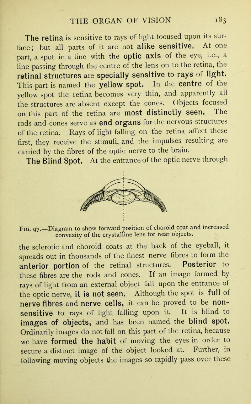 The retina is sensitive to rays of light focused upon its sur- face; but all parts of it are not alike sensitive. At one part, a spot in a line with the optic axis of the eye, i.e., a line passing through the centre of the lens on to the retina, the retinal structures are specially sensitive to rays of light. This part is named the yellow spot, In the centre of the yellow spot the retina becomes very thin, and apparently all the structures are absent except the cones. Objects focused on this part of the retina are most distinctly seen. The rods and cones serve as end organs for the nervous structures of the retina. Rays of light falling on the retina affect these first, they receive the stimuli, and the impulses resulting are carried by the fibres of the optic nerve to the brain. The Blind Spot. At the entrance of the optic nerve through Fig. 97.—Diagram to show forward position of choroid coat and increased convexity of the crystalline lens for near objects. the sclerotic and choroid coats at the back of the eyeball, it spreads out in thousands of the finest nerve fibres to form the anterior portion of the retinal structures. Posterior to these fibres are the rods and cones. If an image formed by rays of light from an external object fall upon the entrance of the optic nerve, it is not seen. Although the spot is full of nerve fibres and nerve cells, it can be proved to be non- sensitive to rays of light falling upon it. It is blind to images of objects, and has been named the blind spot. Ordinarily images do not fall on this part of the retina, because we have formed the habit of moving the eyes in order to secure a distinct image of the object looked at. Further, in following moving objects the images so rapidly pass over these