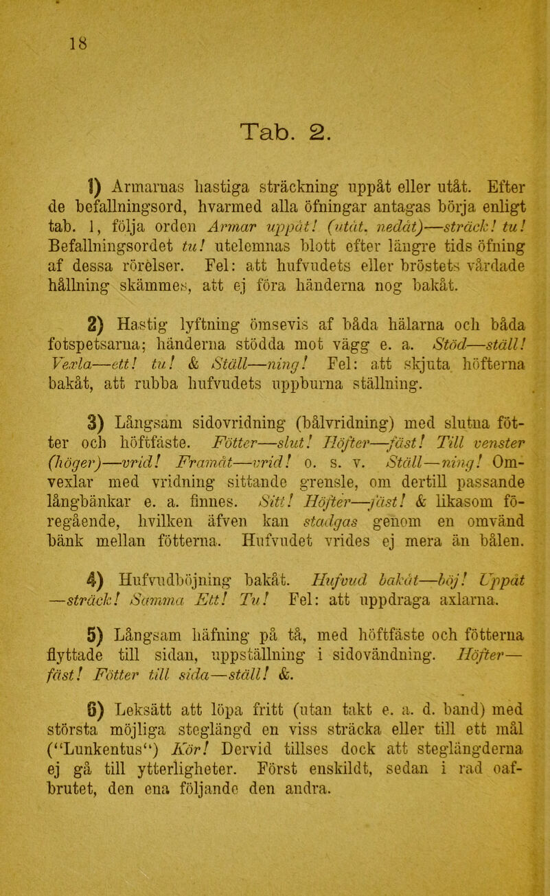 Tab. 2. 1) Armarnas hastiga sträckning iippät eller utåt. Efter de befallningsord, hvarmed alla öfningar antagas börja enligt tab. 1, följa orden Armar uppåt 1 (vtåt. nedåt)—sträck! tu! Befallningsordet tu! utelemnas blott efter längre tids öfning af dessa rörelser. Fel: att hufvudets eller bröstets vårdade hållning skämmes, att ej föra händerna nog bakåt. 2) Ha.stig lyftning ömsevis af båda hälarna ocli båda fotspetsarua; händerna stödda mot vägg e. a. Stöd—ställ! Ve.rla—ett! tu! & Ställ—nmg! Fel: a,tt skjuta höfterna bakåt, att rubba hufvudets uppburna ställning. 3) Långsam sidovridning (bålvridning) med slutna föt- ter och höftfäste. Fotter—slut! Höfter—fäst! Till venster (höger)—vrid! Framåt—vrid! o. s. v. Ställ—ning! Om- vexlar med vridning sittande grensle, om dertill passande långbänkar e. a. finnes. Sitt! Höfter—fäst! & likasom fö- regående, hvilken äfven kan stadgas genom en omvänd bänk mellan fötterna. Hufvndet vrides ej mera än bålen. 4) Hufvudbi)jning bakåt. Hufvud bakåt—big! Uppåt —sträck! Samma Ett! Tu! Fel: att uppdraga axlarna. 5) Långsam häfning på tå, med höftfäste och fötterna flyttade till sidan, uppställning i sidovändning. Höfter— fäst! Fötter till sida—ställ! &. 6) Leksätt att löpa fritt (utan takt e. a. d. band) med största möjliga stegiängd en viss sträcka eller till ett mål (“Lunkentus“) Kör! Dervid tillses dock att steglängderna ej gå till ytterligheter. Först enskildt, sedan i rad oaf- brutet, den ena följande den andra.