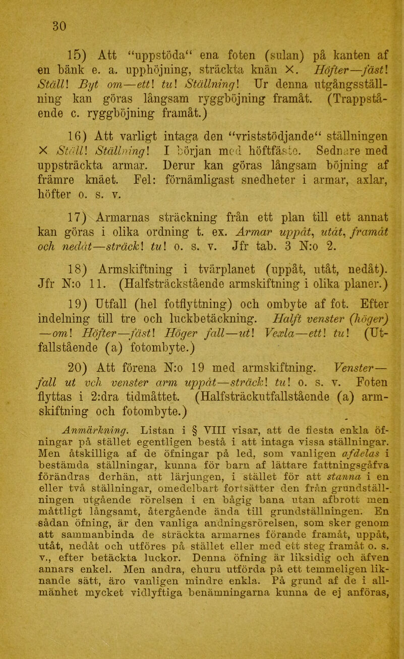 15) Att “uppstöda“ ena foten (sulan) på kanten af en bänk e. a. upphöjning, sträckta knän X. Höfter—fäst\ StälU Byt om—ett\ tu\ Ställningl Ur denna utgångsställ- ning kan göras långsam ryggböjning framåt. (Trappstå- ende c. ryggböjning framåt.) 16) Att varligt intaga den “vriststödjande“ ställningen X St(Ul\ Ställningl I början med höftfäs to. Sednare med uppsträckta armar. Derur kan göras långsam böjning af främre knäet. Fel: förnämligast snedheter i armar, axlar, höfter 0. s. v. 17) Armarnas sträckning från ett plan till ett annat kan göras i olika ordning t. ex. Armar uppåt^ iitåt^ framåt och nedåt—sträckl tu\ o. s. v. Jfr tab. 3 N:o 2. 18) Armskiftning i tvärplanet (uppåt, utåt, nedåt). Jfr N:o 11. (Halfsträckstående armskiftning i olika planer.) 19) Utfall (hel fotflyttning) och ombyte af fot. Efter indelning till tre och luckbetäckning. Halft venster (höger) —om\ Höfter—fäst\ Höger fall—iit\ Vexla—ett\ tu\ (Ut- fallstående (a) fotombyte.) 20) Att förena N:o 19 med armskiftning. Venster— fall ut vch venster arm uppåt—sträckl tul o. s. v. Foten flyttas i 2:dra tidmåttet. (Halfsträckutfallstående (a) arm- skiftning och fotombyte.) Anmärkning. Listan i § VIII visar, att de flesta enkla öf- ningar på stället egentligen bestå i att intaga vissa ställningar. Men åtskilliga af de öfningar på led, som vanligen afdelas i bestämda ställningar, kunna för barn af lättare fattningsgåfva förändras derhän, att lärjungen, i stället för att stanna i en eller två ställningar, omedelbart fortsätter den från grundställ- ningen utgående rörelsen i en bågig bana utan afbrott men måttligt långsamt, återgående ända till grundställningen. En sådan öfning, är den vanliga andningsrörelsen, som sker genom att sammanbinda de sträckta armarnes förande framåt, uppåt, utåt, nedåt och utföres på stället eller med ett steg framåt o. s. V., efter betäckta luckor. Denna öfning är liksidig och äfven annars enkel. Men andra, ehuru utförda på ett temmeligen lik- nande sätt, äro vanligen mindre enkla. På grund af de i all- mänhet mycket vidlyftiga benämningarna kunna de ej anföras,