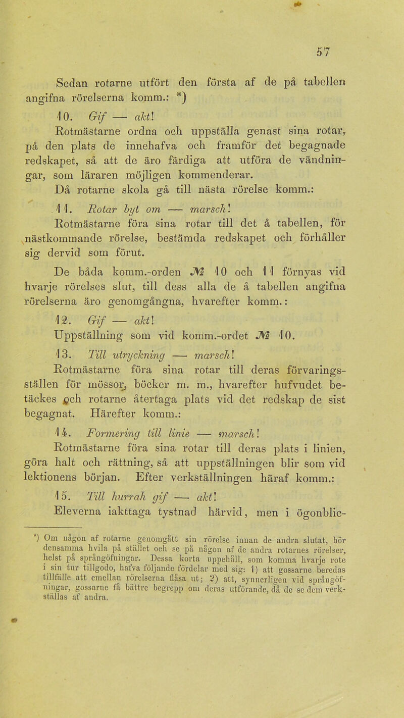 Sedan rotarne utfört den första af de på tabellen angifna rörelserna komm.: *) 10. Gif — akti Rotmästarne ordna och uppställa genast sina rotar, på den plats de innehafva och framför det begagnade redskapet, så att de äro färdiga att utföra de vändnin- gar, som läraren möjligen kommenderar. Då rotarne skola gå till nästa rörelse komm.: 11. Rotar byt om — marschl Rotmästarne föra sina rotar till det å tabellen, för nästkommande rörelse, bestämda redskapet och förhåller sig dervid som förut. De båda komm.-orden J\s 10 och 11 förnyas vid hvarje rörelses slut, till dess alla de å tabellen angifna rörelserna äro genomgångna, hvarefter komm.: 12. Gif — akti Uppställning som vid komm.-ordet J\s 10. 13. Till utryckning — marsch! Rotmästarne föra sina rotar till deras förvarings- ställen för mössor, böcker m. m., hvarefter hufvudet be- täckes pch rotarne återtaga plats vid det redskap de sist begagnat. Härefter komm.: 14. Formering till linie — marschl Rotmästarne föra sina rotar till deras plats i linien, göra halt och rättning, så att uppställningen blir som vid lektionens början. Efter verkställningen häraf komm.: 15. Till hurrah gif — akt! Eleverna iakttaga tystnad härvid, men i ögonblic- ) Om nagon af rotarne genomgått sin rörelse innan de andra slutat, bör densamma hvila pa stället och se på någon af de andra rotarnes rörelser, helst pa sprangöfuingar. Dessa korta uppehåll, som komma hvarje rote i sin tur tillgodo, hatva följande fördelar med sig: 1) att gossarne beredas tillfälle att emellan rörelserna flåsa ut; 2) att, synnerligen vid språngöf- ningar, gossarne fa bättre begrepp om deras utförande, då de se dem verk- ställas af andra.