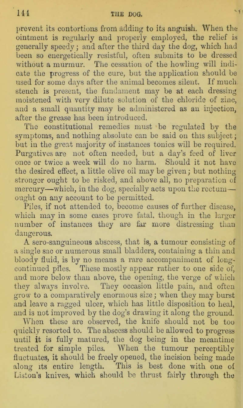 prevent its contortions from adding to its anguish. When the ointment is regularly and properly employed, the relief is generally speedy; and after the third day the dog, which had been so energetically resistful, often submits to be dressed without a murmur. The cessation of the howling will indi- cate the progress of the cure, but the application should be used for some days after the animal becomes silent. If much stench is present, the fundament ma3T be at each dressing moistened with very dilute solution of the chloride of zinc, and a small quantity may be administered as an injection, after the grease has been introduced. The constitutional remedies must be regulated by the symptoms, and nothing absolute can be said on this subject; but in the great majority of instances tonics will be required. Purgatives are not often needed, but a day’s feed of liver once or twice a week will do no harm. Should it not have the desired effect, a little olive oil may be given; but nothing stronger ought to be risked, and above all, no preparation of mercury—which, in the dog, specially acts upon the rectum— ought on any account to be permitted. Piles, if not attended to, become causes of further disease, which may in some cases prove fatal, though in the larger number of instances they are far more distressing than dangerous. A sero-sanguineous abscess, that is, a tumour consisting of a single sac or numerous small bladders, containing a thin and bloody fluid, is by no means a rare accompaniment of long- continued piles. These mostly appear rather to one side of, and more below than above, the opening, the verge of which they always involve. They occasion little pain, and often grow to a comparatively enormous size; when they may burst and leave a ragged ulcer, which has little disposition to heal, and is not improved by the dog’s drawing it along the ground. When these are observed, the knife should not be too quickly resorted to. The abscess should be allowed to progress until it is fully matured, the dog being in the meantime treated for simple piles. When the tumour perceptibly fluctuates, it should be freely opened, the incision being made along its entire length. This is best done with one of Liston’s knives, which should be thrust fairly through the