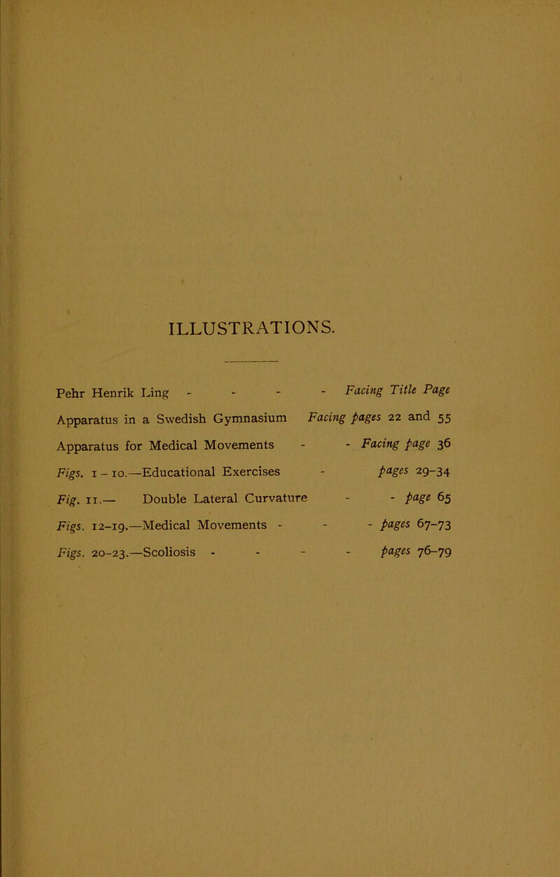 ILLUSTRATIONS. Pehr Henrik Ling - Apparatus in a Swedish Gymnasium Apparatus for Medical Movements Figs, i - io.—Educational Exercises Fig. ii.— Double Lateral Curvature Figs. 12-19.—Medical Movements - Figs. 20-23.—Scoliosis - Facing Title Page Facing pages 22 and 55 - Facing page 36 pages 29-34 - page 65 - pages 67-73 pages 76-79