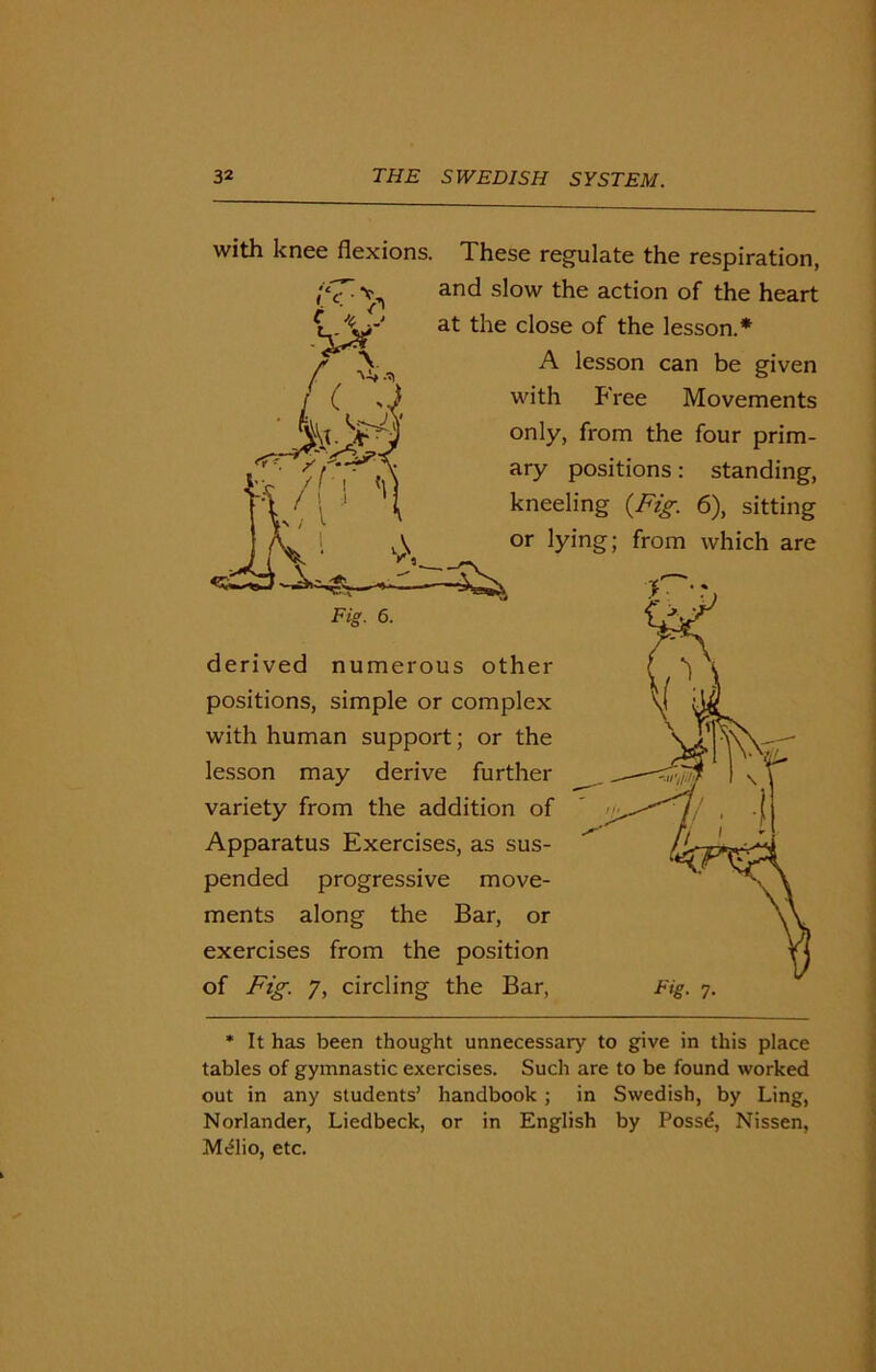 with knee flexions. These regulate the respiration, and slow the action of the heart at the close of the lesson.* A lesson can be given with P'ree Movements only, from the four prim- ary positions: standing, kneeling (Fig. 6), sitting or lying; from which are derived numerous other positions, simple or complex with human support; or the lesson may derive further variety from the addition of Apparatus Exercises, as sus- pended progressive move- ments along the Bar, or exercises from the position of Fig. 7, circling the Bar, Fig. 7. * It has been thought unnecessary to give in this place tables of gymnastic exercises. Such are to be found worked out in any students’ handbook ; in Swedish, by Ling, Norlander, Liedbeck, or in English by Posse, Nissen, Melio, etc.
