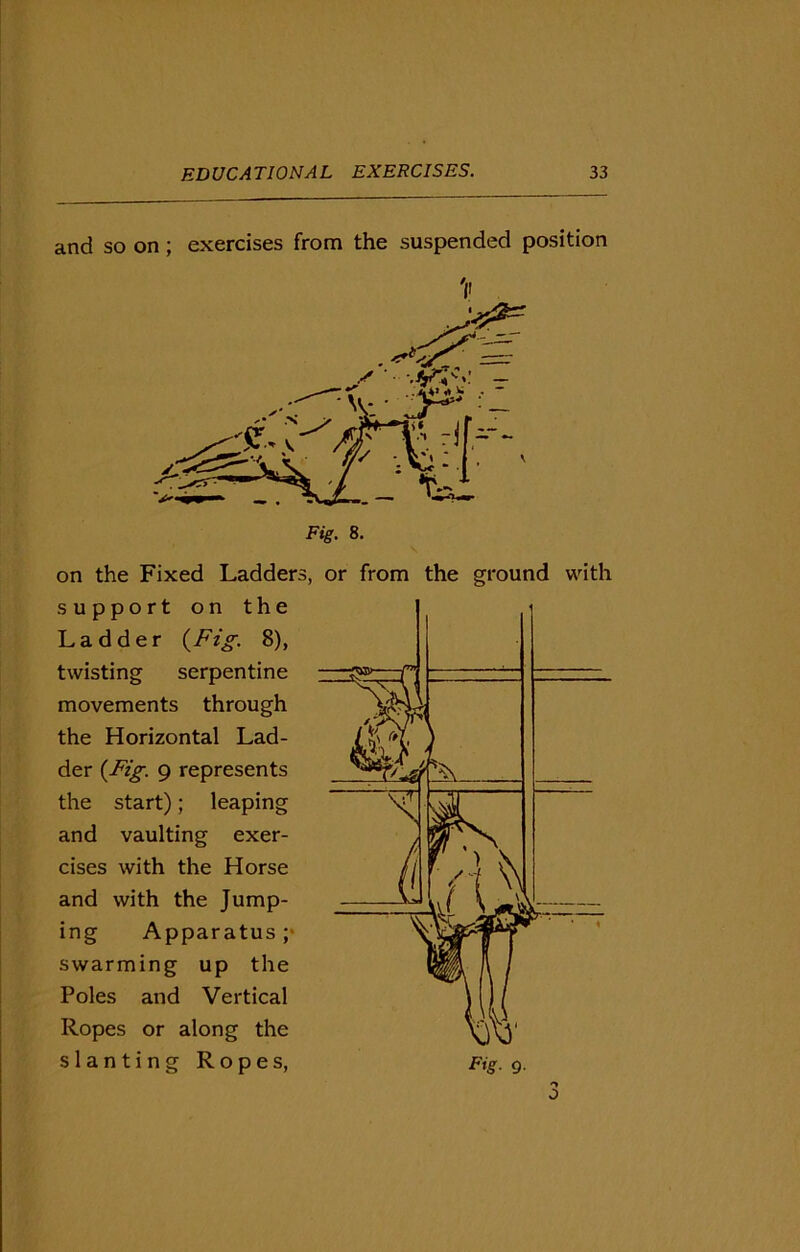 and so on ; exercises from the suspended position Fig. 8. on the Fixed Ladders support on the Ladder (Fig; 8), twisting serpentine movements through the Horizontal Lad- der {Fig. 9 represents the start); leaping and vaulting exer- cises with the Horse and with the Jump- ing Apparatus ;• swarming up the Poles and Vertical Ropes or along the slanting Ropes, , or from the ground with Fig. Q.
