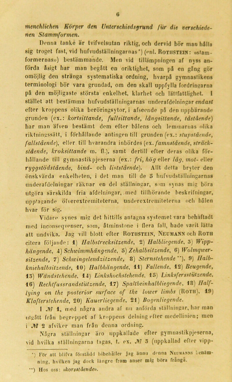 menchlichen Körper den IJnterschiedsgrund fiir dit verschiede- nen Stammformen. Denna tanke är tvifvelsutan riktig, och dervid bör man hälla sig troget fast, vid hufvudställningarnas *) (enl. RoTUSTEIN: »stam- formernas») bestämmande. Men vid tillämpningen af nvss an- lörda åsigt har man begått en oriktighet, som på en gång gör omöjlig den stränga systematiska ordning, hvarpå gymnastikens terminologi bör vara grundad, om den skall uppfylla fordrinsarna på den möjligaste största enkelhet, klarhet och lätlfattlighet. I stället att bestämma hufvudställningarnas underafdelningar endast efter kroppens olika beröringsytor, i afseende på den uppbärande grunden (ex.: kortsittande, fullsittande, långsittande, låslående) har man äfven bestämt dem efter bålens och lemmarnas olika riktningssätt, i förhållande antingen till grunden (ex.: stupstående, fallslående), eller till hvarandra inbördes [ex. famnstående, sträck- stående, kroksittande m. fl.), samt dertill efter dpras olika för- hållande till gymnastikpjeserna (ex.: fri, hög eller låg, mot- eller ryggstödstående, bind- och liststående). Allt delta bryter den önskvärda enkelheten, i det man till de 5 hufvudställningarnas underafdelningar räknar en del ställningar, s>m synas mig böra utgöra särskilda fria afdelr.ingar, med tillhörande beskrifningar, upptagande öfverextremiteterna, underextremiteterna och hälen livar för sig. Vidare synes mig det hittills antagna systemet vara behäftadt med inconseqvenser, som, åtminstone i liera fall, hade varit lätta att undvika. Jag vill blott efter Rotiistein, Neumann och Roth citera följande: 1) Halbstrecksilzende, 2) Halbliegende, 3) Wipp- hängende, 4) Schwimmhängende, 5) Zehalbsitzende, G) 1 Volmqtcer- sitzende, 7) Schwingelendzilzende, 8) Sternslehende ), 9) Ilalb- kniehalbsilzende, 10) Halbhängende, 11) Fallende, 12) Beugendc, 13) Wändstehende, 14) Linkshuchstehende. IS) Linksfersstiitzende, 16) Rechtfussrandstutzende, 17) Spaltbeinhalbliegnnde, 18) Half- lying on the posterior surface of the loicer limbs (Roth), 19) Klafterstehende, 20) Kauerliegende, 21) Bugenliegende. I JVf 1, med några andra af nu anförda ställningar, har man utgått från begreppet af kroppens delning efter medellinjen; men i M 2 afviker man från denna ordning. Några ställningar äro uppkallade efter gymnastikpjeserna, vid hvilka ställningarna tagas, t. ex. JVS 3 (uppkallad efter vipp- ’} För alt blifva förstådd bibehåller jag ännu denna Nevmanns benäm- ning, hvilken jag dock längre fram anser mig böra franga. •*) Hos oss: »korsstående».