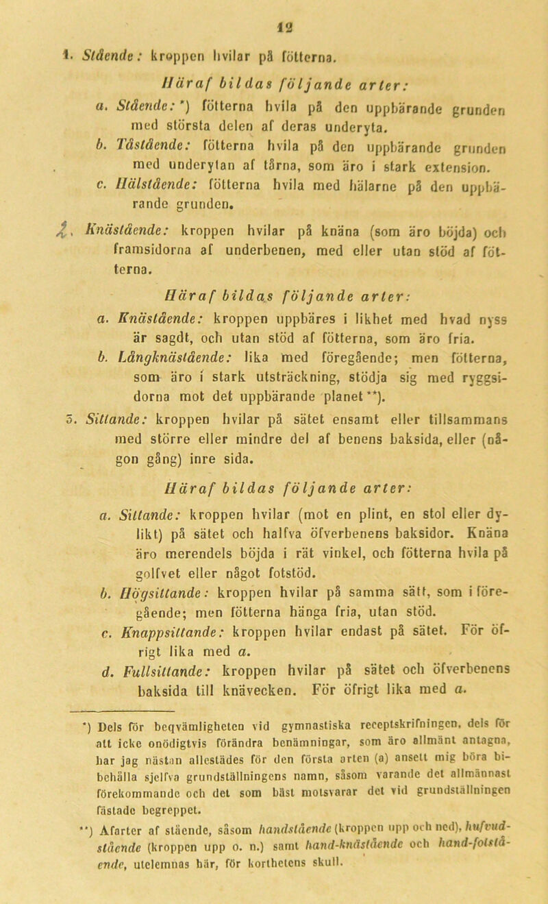 1. Slående: kroppen livilar pä fötlcrna. Iläraf bildas följande arter: a. Stående: * **)) fotterna hvila pä den uppbärande grunden med största delen af deras underyta. b. Tåstående: fotterna hvila pä den uppbärande grunden med underytan af tärna, som äro i stark exlension. c. Ilälstäende: fotterna hvila med hälarne pä den uppbä- rande grunden. Z, Knästäende: kroppen hvilar på knäna (som äro böjda) och framsidorna af underbenen, med eller utan slöd af fot- terna. Bäraf bildas följande arter: a. Enastående: kroppen uppbäres i likhet med hvad nyss är sagdt, och utan stöd af fotterna, som äro fria. b. Långknäslående: lika med föregående; men fotterna, som äro i stark utsträckning, stödja sig med ryggsi- dorna mot det uppbärande planet’*). 5. Sittande: kroppen hvilar på sätet ensamt eller tillsammans med större eller mindre del af benens baksida, eller (nå- gon gång) inre sida. Bäraf bildas följande arter: fl. Sittande: kroppen hvilar (mot en plint, en stol eller dy- likt) på sätet och halfva öfverbenens baksidor. Knäna äro merendels böjda i rät vinkel, och fotterna hvila på golfvet eller något fotstöd. b. Bögsittande: kroppen hvilar på samma sätt, som i före- gående; men fotterna hänga fria, utan stöd. c. Knappsittande: kroppen hvilar endast på sätet. För öf- rigt lika med a. d. Fullsiltande: kroppen hvilar på sätet och öfverbenens baksida till knävecken. För öfrigt lika med a. *) Dels for beqvämligheten vid gymnastiska rcccptskriCningcn, dels för alt icke onödigtvis förändra benämningar, som äro allmänt antagna, liar jag nästan allestädes för den första orten (a) ansett mig böra bi- behålla sjclfva grundställningens namn, såsom varande det allmännast förekommande oclt det som bäst motsvarar det vid grundställningen fastade begreppet. **) Afarter af slående, såsom handslående (kroppen upp oeh ned), hufvud- shiende (kroppen upp o. n.) samt hand-knäslacndc och hand-folsla- ende, utelemnas här, för korthetens skull.