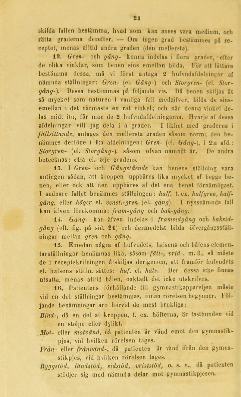 skifda fallen bestämma, livad som kan anses vara medium, ocli rätta graderna derefter. — Om ingen grad bestämmes på re- ceptet, menas alltid andra graden (den mellersta). 12. Gren- och gång- kunna indelas i flera grader, • efter de olika vinklar, som benen sins emellan bilda. För att lättare bestämma dessa, må vi först antaga 2 hufvudafdelningar af nämnda ställningar: Gren- (el. Gäng-) och Stor gren- (ef. Stor- gång-). Dessa bestämmas på följande vis. Då benen skiljas åt så mycket som naturen i vanliga fall medgifver, bilda de sins- emellan i det närmaste en rät vinkel; och när denna vinkel de- las midt itu, får man de 2 hiifvudafdelningarna. Hvarje af dessa afdelningar vill jag dela i 3 grader. I likhet med graderna i fäilsittande, anlages den mellersta graden såsom norm; den be- nämnes derföre i l:a afdelningen: Gren- (el. Gång-), i 2:a afd.: Storgren- (el. Storgång-), såsom ofvan näcnndt är. De andra betecknas: »l:a el. 5:je graden». 15. I Gren- och Gångslående kan benens ställning vara antingen sådan, att kroppen uppbäres lika mycket af begge be- nen, eller ock att den uppbäres af det ena benet förnämligast. I sednare fallet benämnes ställningen : half, t. ex. halfgren, half- gång, eller höger el. venst.-gren (el. gång). I nyssnämnda fall kan äfven förekomma: fram-gång och bak-gång. 14. Gång- kan äfven indelas i framsidgång och baksid- gång (eft. fig. på sid. 21) och dermedelst bilda öfvergångsställ- ningar mellan gren och gång. 15. Emedan några af hufvudets, halsens och bålens elemen- tarställniogar benämnas lika, såsom fäll-, vrid-, m. fl., så måste de i receptskrifningen åtskiljas derigenom, att framför hufvudets el. halsens ställn. sättes: huf. el. hals. Der dessa icke finnas utsatta, menas alltid bålen, oaktadt det icke utskrifves. 16. Patientens förhållande till gymnastikappareljen måste vid en del ställningar bestämmas, innan rörelsen begynner. Föl- jande benämningar äro härvid de mest brukliga: Bind-, då en del af kroppen, t. ex. höfterna, är fastbunden vid en stolpe eller dylikt. Mot- eller motvänd, då patienten är vänd emot den gymnastik- pjes, vid hvilken rörelsen tages. Från- eller fråtivänd-, då patienten iir vänd ifrån den gymna- sti kpjes, vid hvilken rörelsen tages. Ryggstöd, ländstöd, sidslöd, vriststöd, o. s. v., då patienten stödjer sig med nämnda delar mot gymnaslikpjesen.