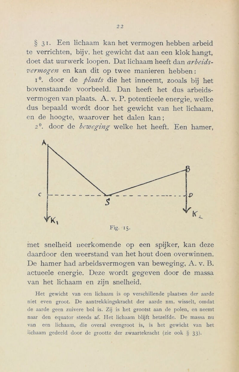 § 31- Een lichaam kan het vermogen hebben arbeid te verrichten, bijv. het gewicht dat aan een klok hangt, doet dat uurwerk loopen. Dat lichaam heeft dan arbeids- vermogen en kan dit op twee manieren hebben: i °. door de plaats die het inneemt, zooals bij het bovenstaande voorbeeld. Dan heeft het dus arbeids- vermogen van plaats. A. v. P. potentieele energie, welke dus bepaald wordt door het gewicht van het lichaam, en de hoogte, waarover het dalen kan; 2°. door de beweging welke het heeft. Een hamer, met snelheid neerkomende op een spijker, kan deze daardoor den weerstand van het hout doen overwinnen. De hamer had arbeidsvermogen van beweging, A. v. B. actueele energie. Deze wordt gegeven door de massa van het lichaam en zijn snelheid. Het gewicht van een lichaam is op verschillende plaatsen der aarde niet even groot. De aantrekkingskracht der aarde nm. wisselt, omdat de aarde geen zuivere bol is. Zij is het grootst aan de polen, en neemt naar den equator steeds af. Het lichaam blijft hetzelfde. De massa nu van een lichaam, die overal evengroot is, is het gewicht van het lichaam gedeeld door de grootte der zwaartekracht (zie ook § 33). A c Fig- 15-