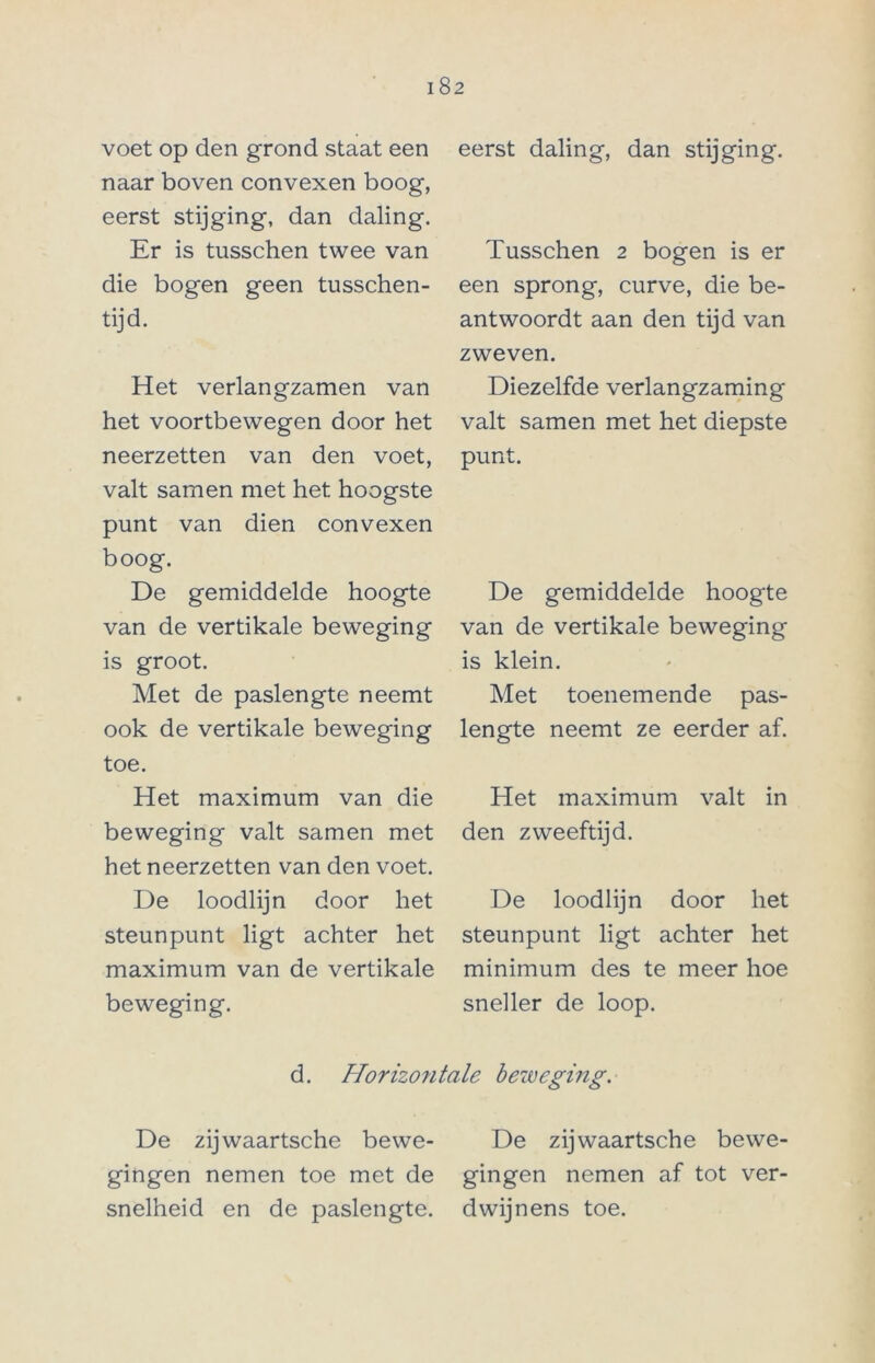 voet op den grond staat een naar boven convexen boog, eerst stijging, dan daling. Er is tusschen twee van die bogen geen tusschen- tijd. Het verlangzamen van het voortbewegen door het neerzetten van den voet, valt samen met het hoogste punt van dien convexen boog. De gemiddelde hoogte van de vertikale beweging is groot. Met de paslengte neemt ook de vertikale beweging toe. Het maximum van die beweging valt samen met het neerzetten van den voet. De loodlijn door het steunpunt ligt achter het maximum van de vertikale beweging. eerst daling, dan stijging. Tusschen 2 bogen is er een sprong, curve, die be- antwoordt aan den tijd van zweven. Diezelfde verlangzaming valt samen met het diepste punt. De gemiddelde hoogte van de vertikale beweging is klein. Met toenemende pas- lengte neemt ze eerder af. Het maximum valt in den zweeftijd. De loodlijn door het steunpunt ligt achter het minimum des te meer hoe sneller de loop. d. Horizontale beweging. De zijwaartsche bewe- De zijwaartsche bewe- gingen nemen toe met de gingen nemen af tot ver- snelheid en de paslengte, dwijnens toe.