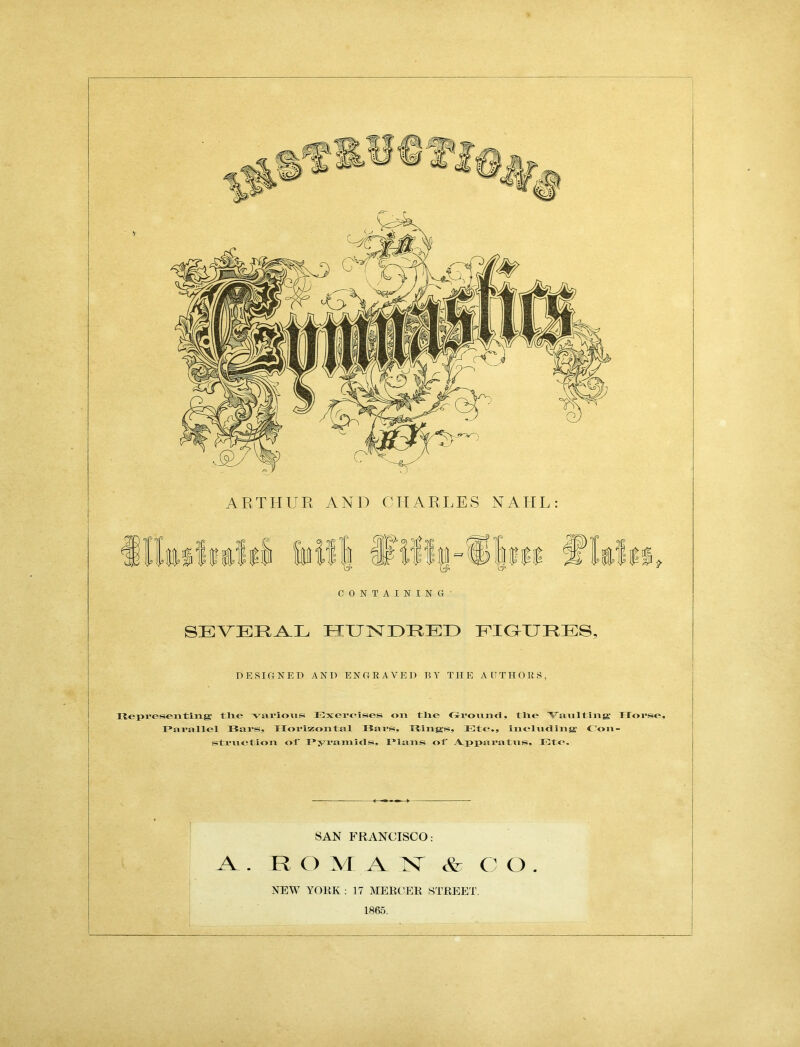 ARTHUR AND CHARLES NAIIL: CONTAINING SEVERAL HUNDRED FIGURES, DESIGNED AND ENGRAVED BY THE AUTHORS, Repi’esenting Die various Exercises on tlxe Ground, the Vaulting Hoi'se, Parallel Bars, Horizontal T5m*s, Rings, IDte., including C'oii- struction of Pyramids, Plans of Apparatus, Etc. SAN FRANCISCO: A . R O M A TNT & O O . NEW YORK : 17 MERCER STREET.