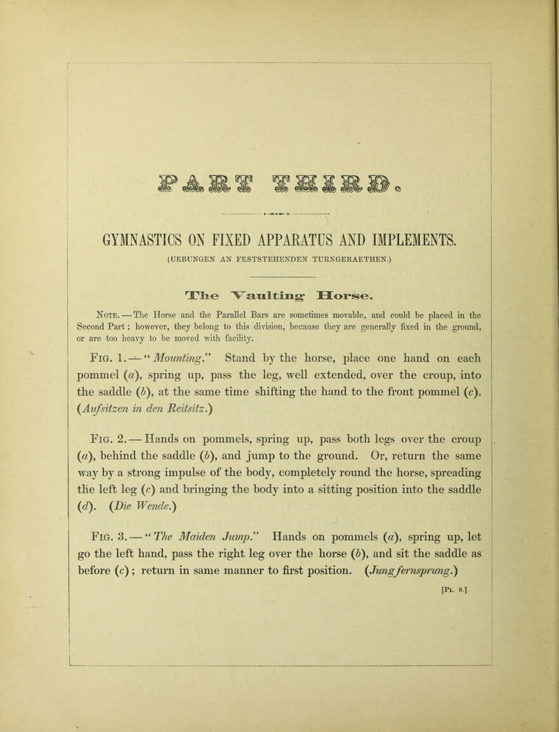 f ais sisiiixi® GYMNASTICS ON FIXED APPARATUS AND IMPLEMENTS. (UEBUNGEN AN FESTSTEHENDEN TURNGERAETHEN.) 'JTlfo.e VIiiulting' Horse. Note.—The Horse and the Parallel Bars are sometimes movable, and could be placed in the Second Part; however, they belong to this division, because they are generally fixed in the ground, or are too heavy to be moved with facility. Fig. 1 . — “Mounting” Stand by the horse, place one hand on each pommel (a), spring up, pass the leg, well extended, over the croup, into the saddle (b), at the same time shifting the hand to the front pommel (c). (Aufsitzen in den Reitsitz.) Fig. 2. — Hands on pommels, spring up, pass both legs over the croup (a), behind the saddle (5), and jump to the ground. Or, return the same way by a strong impulse of the body, completely round the horse, spreading the left leg (c) and bringing the body into a sitting position into the saddle (d). (Die Wended) j Fig. 3. — “ The Maiden Jump.” Hands on pommels (a), spring up, let go the left hand, pass the right leg over the horse (b), and sit the saddle as before (c) ; return in same manner to first position. (Jungfernsprung.) L_