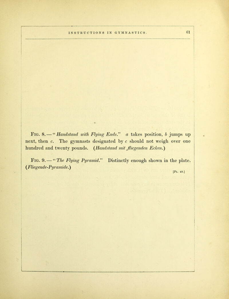 Fig. 8. — “ Handstand with Flying Ends. a takes position, b jumps up next, then c. The gymnasts designated by c should not weigh oyer one hundred and twenty pounds. (Handstand mit Jliegenden Ecken.) Fig. 9. — “The Flying Pyramid.” Distinctly enough shown in the plate. (Fliegende-Pyr amide.)